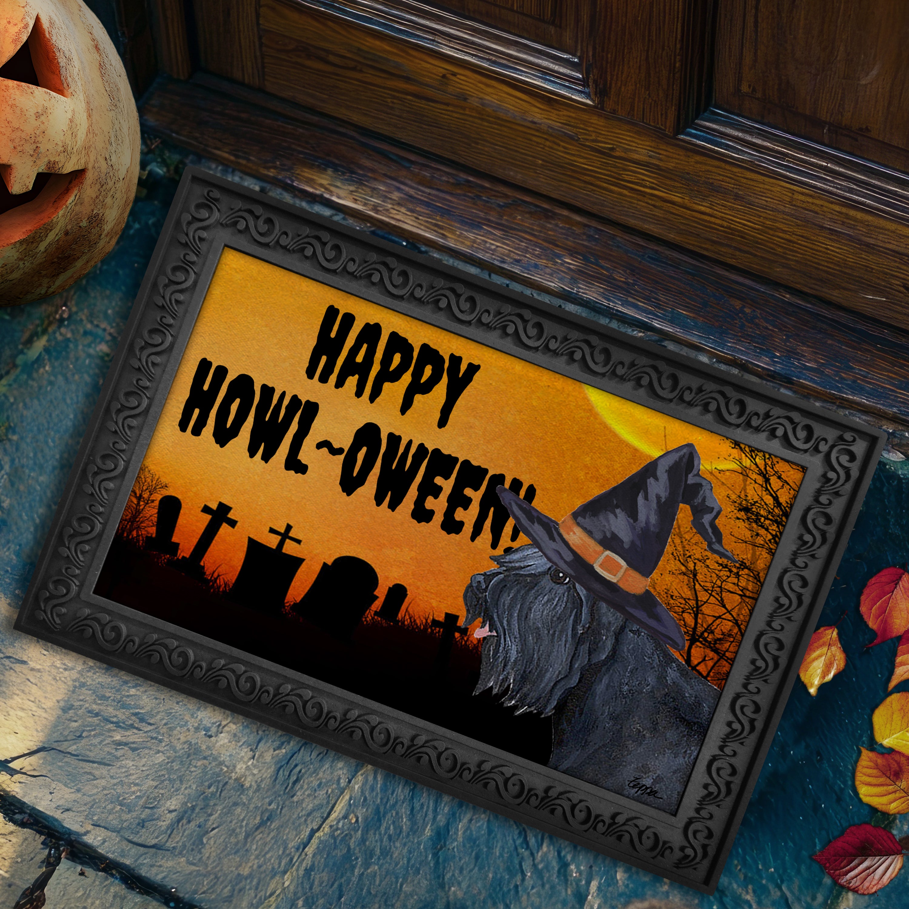 Halloween-themed doormat with a Bouvier wearing a witch hat and 'Happy Howl-Oween!' text on a doorstep.