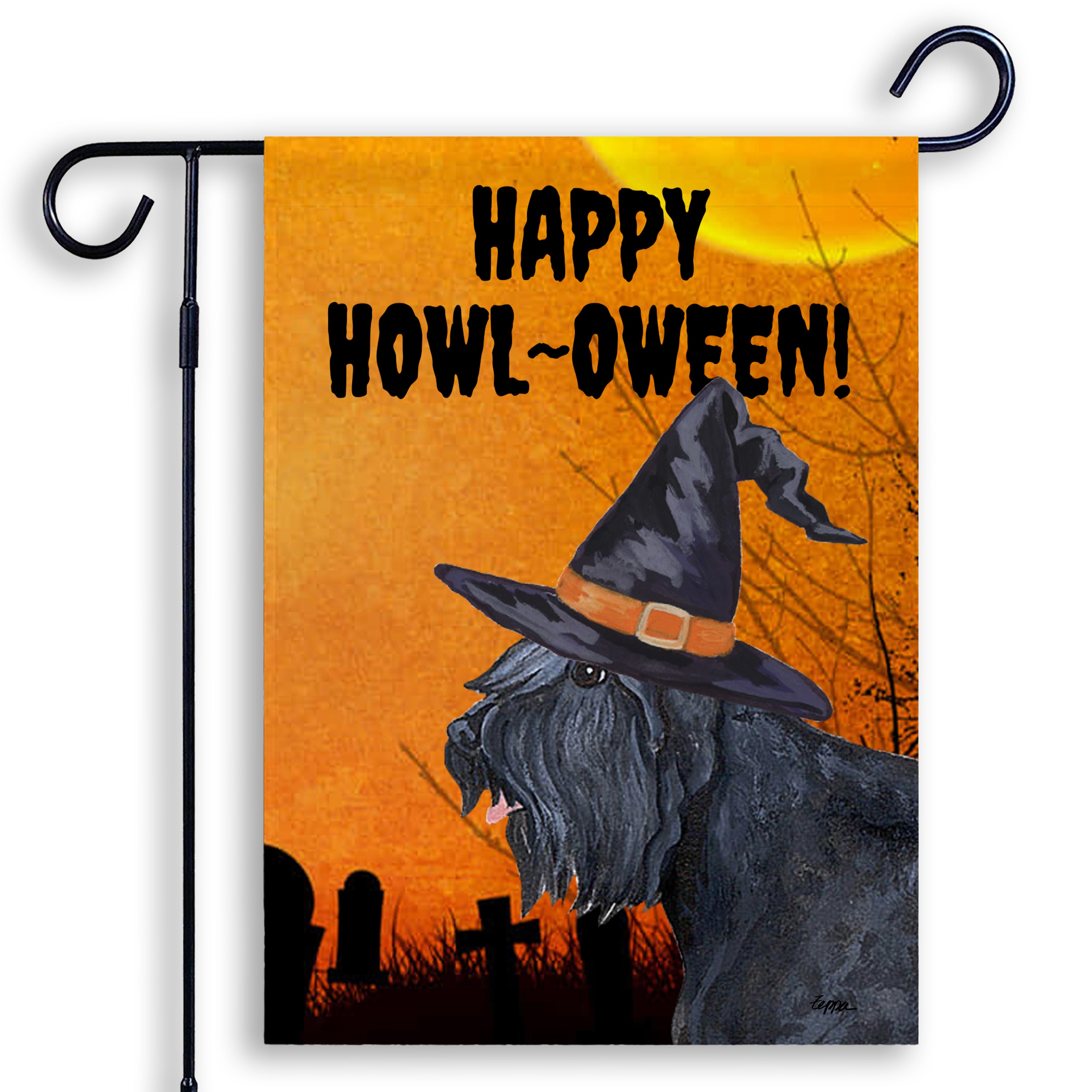 Halloween-themed garden flag with a Bouvier wearing a witch hat and 'Happy Howl-Oween!' text on an orange background.