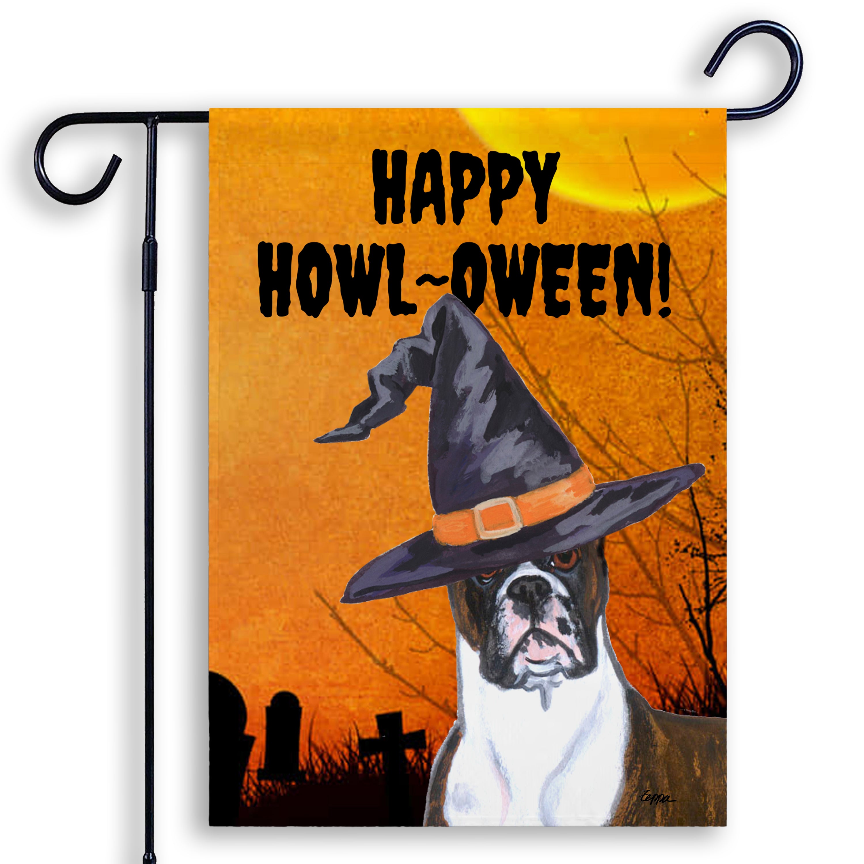 Halloween-themed garden flag with a Boxer wearing a witch hat and 'Happy Howl-Oween!' text on an orange background.
