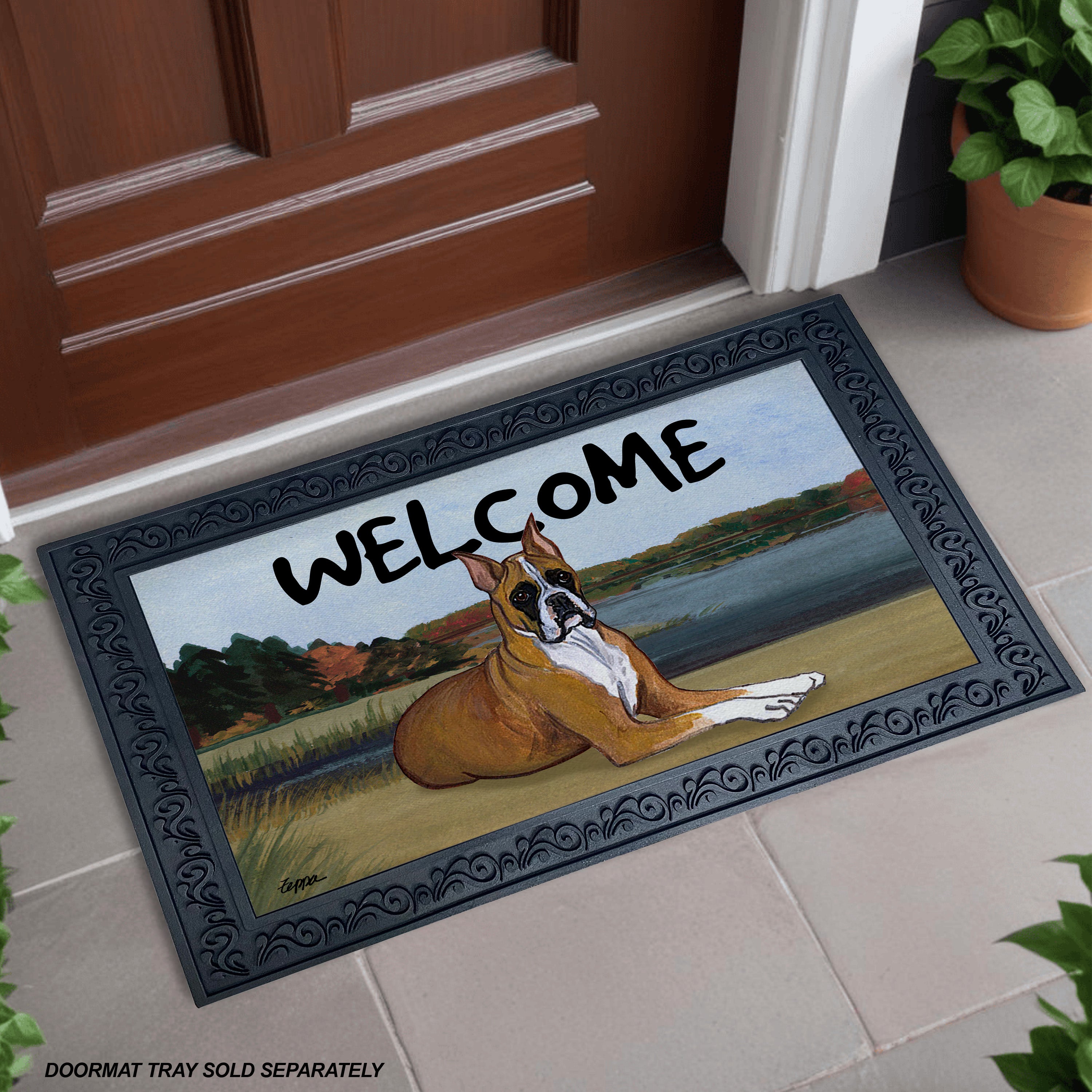 Tan Boxer Lake Scene Welcome Mat