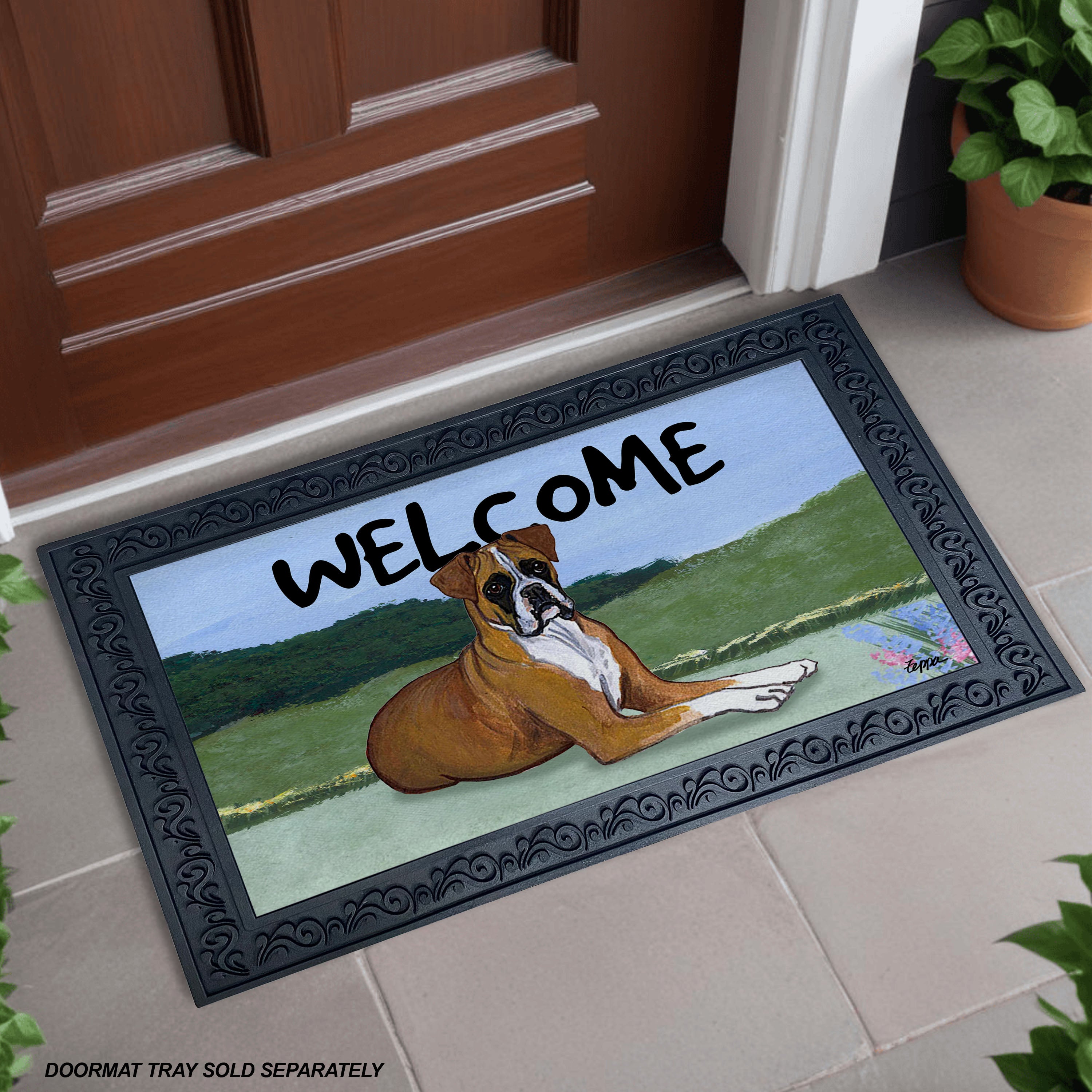 Tan Boxer with Natural Ears Yard Scene Welcome Mat