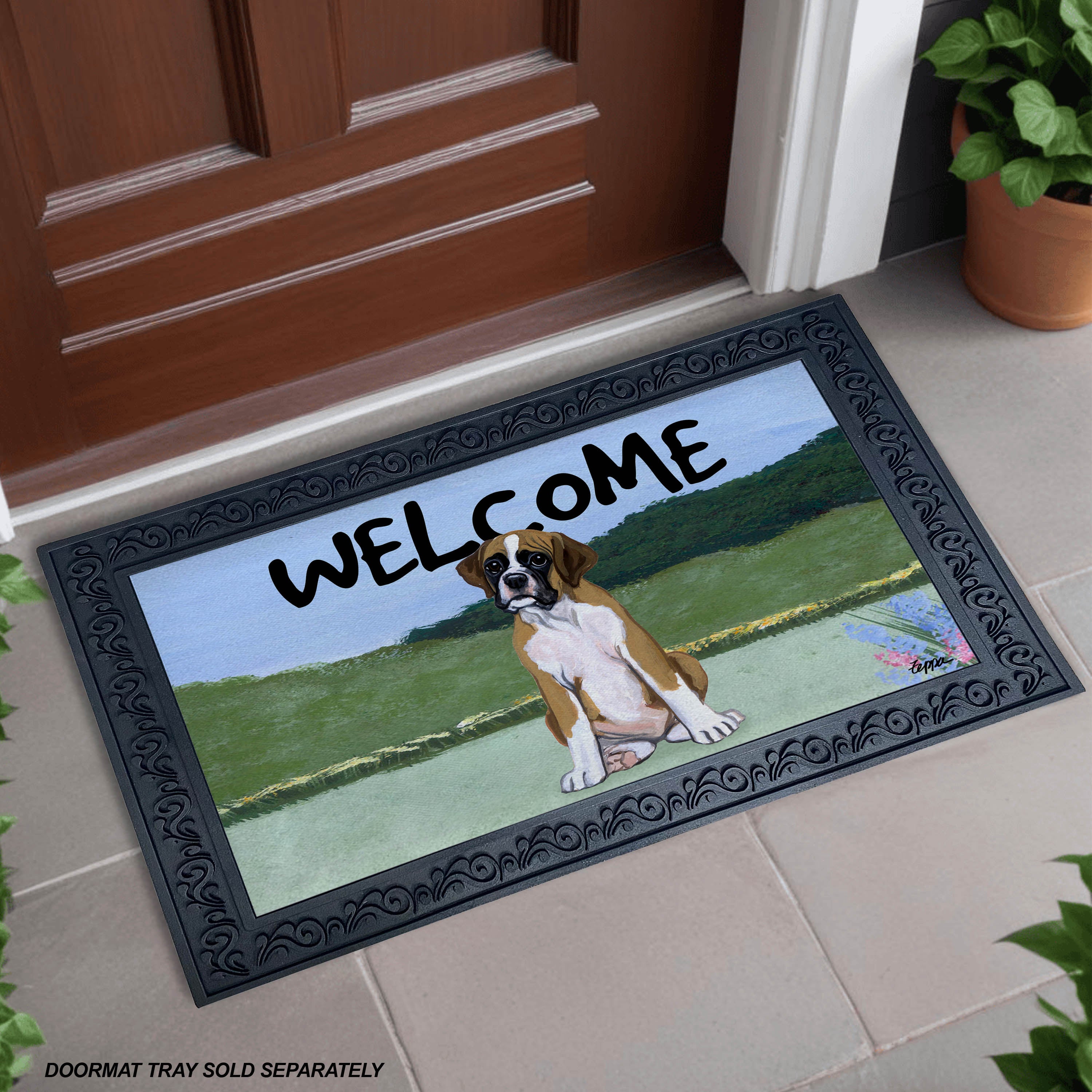 Boxer Puppy Yard Scene Welcome Mat