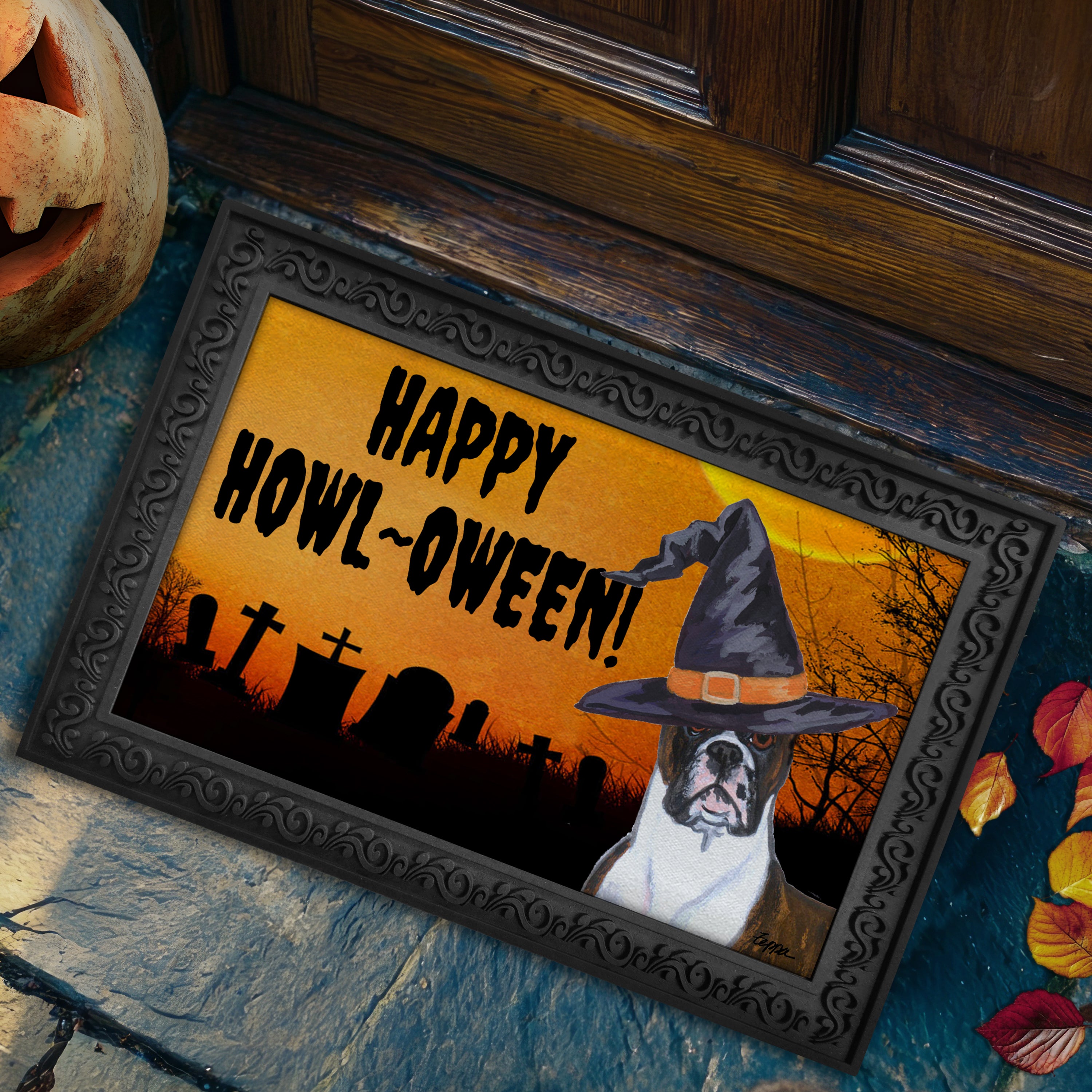 Halloween-themed doormat with a Boxer wearing a witch hat and 'Happy Howl-Oween!' text on a doorstep.