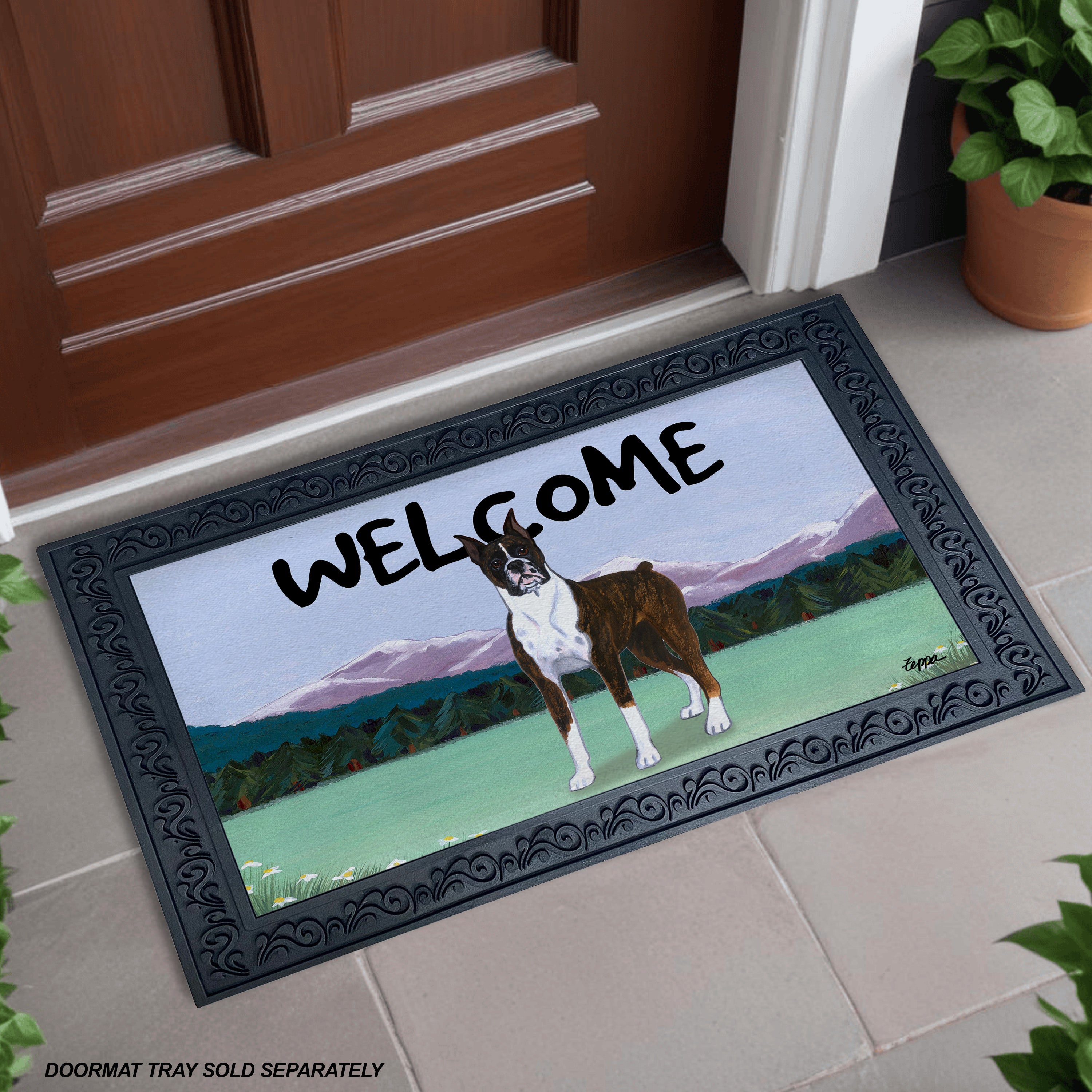 Brindle Boxer Mountain Scene Welcome Mat