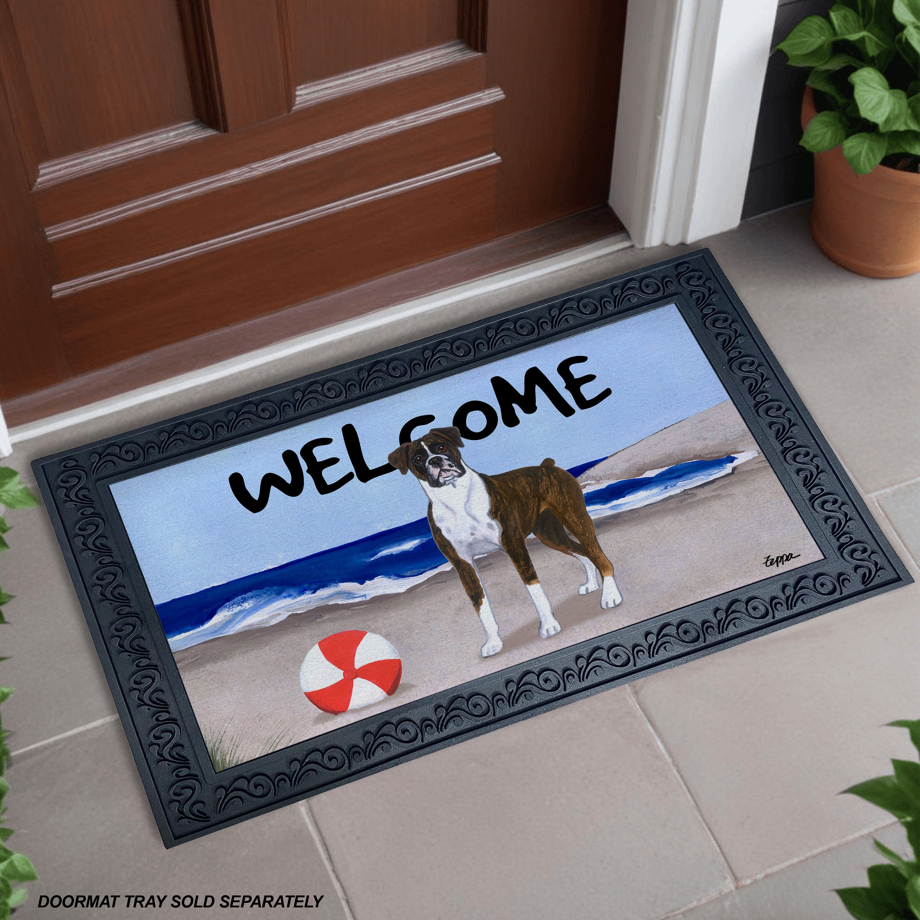 Brindle Boxer with Natural Ears Beach Scene Welcome Mat