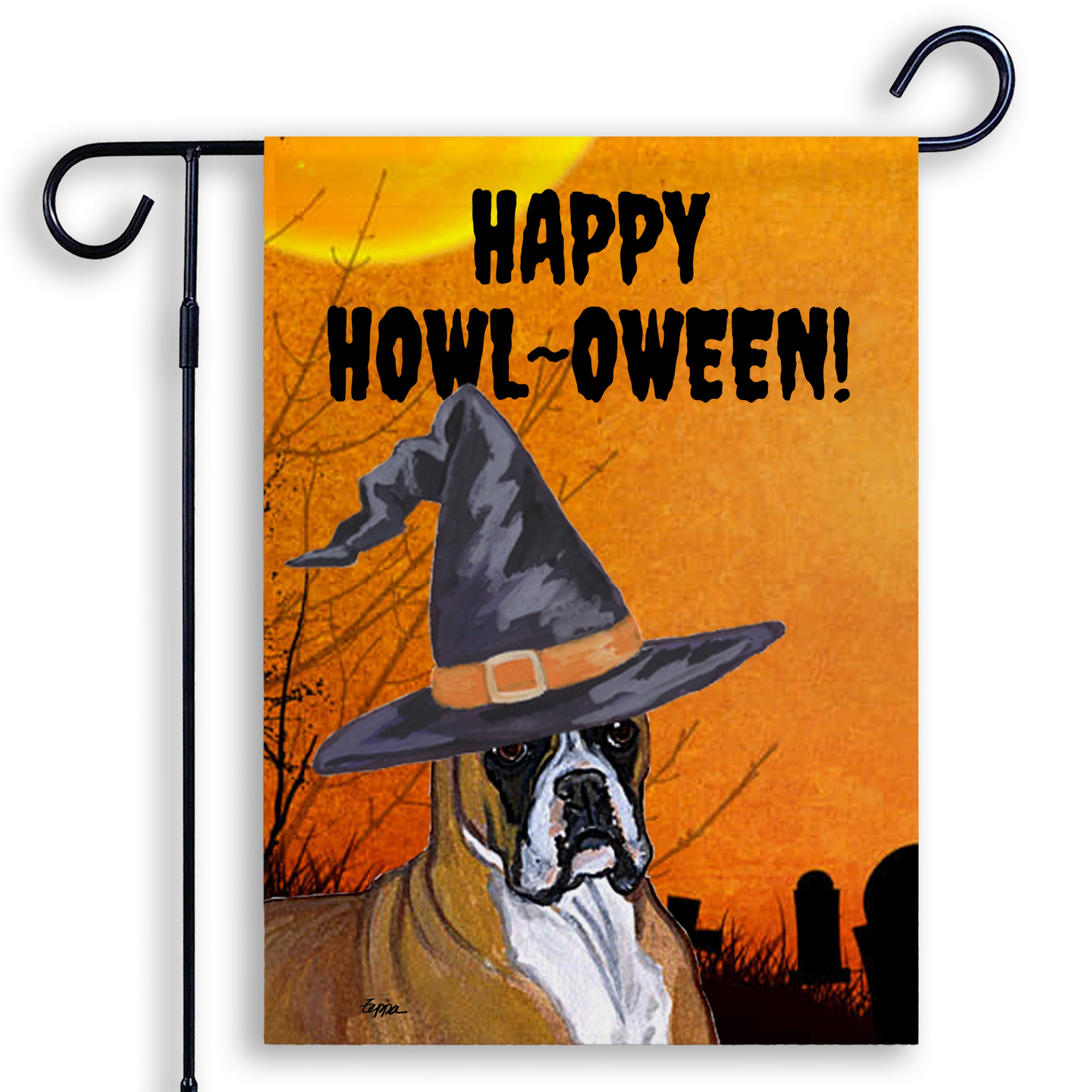 Halloween-themed garden flag with a Boxer wearing a witch hat and 'Happy Howl-Oween!' text on an orange background.