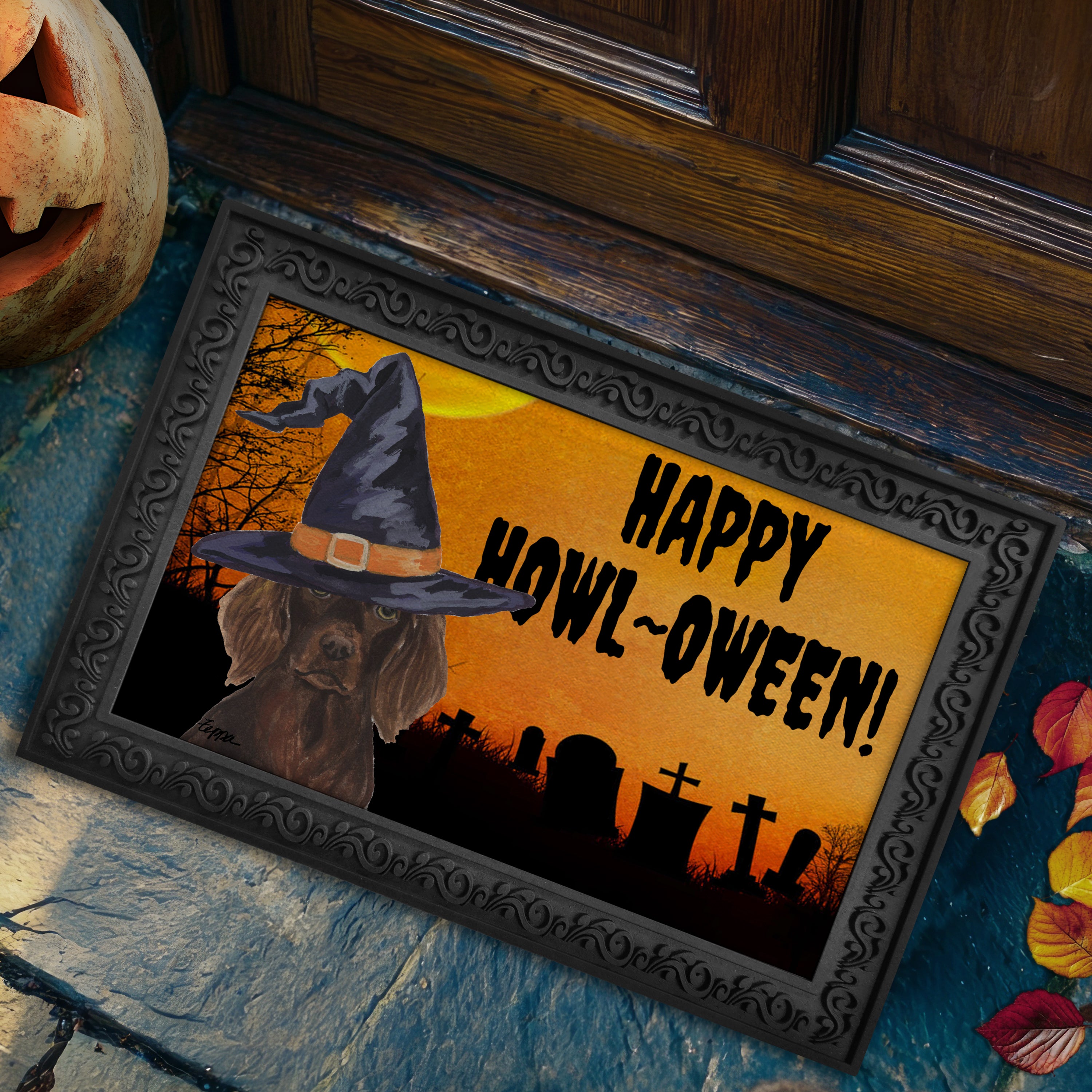 Halloween-themed doormat with a Boykin Spaniel wearing a witch hat and 'Happy Howl-Oween!' text on a doorstep.