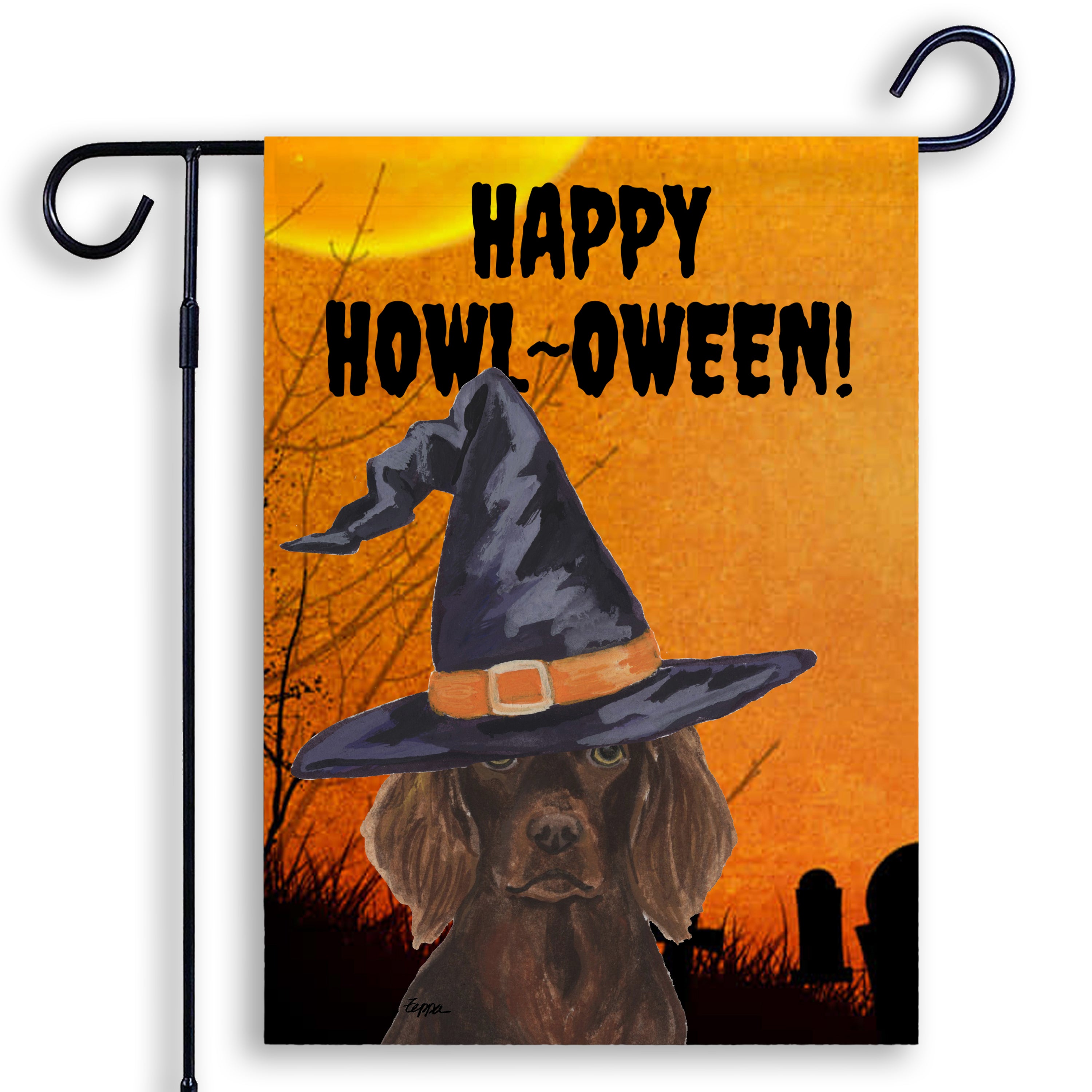 Halloween-themed garden flag with a Boykin Spaniel wearing a witch hat and 'Happy Howl-Oween!' text on an orange background.