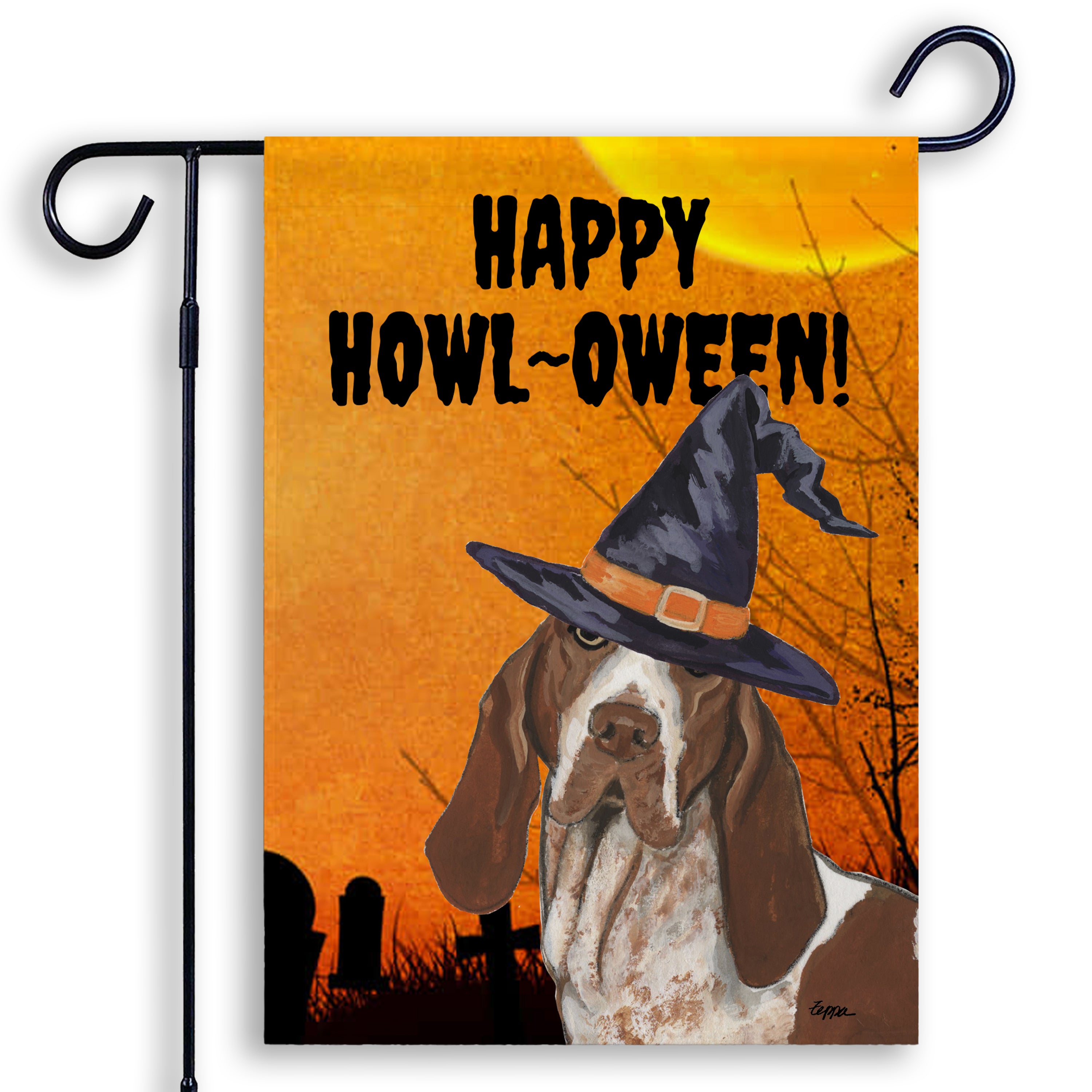 Halloween-themed garden flag with a Bracco Italiano wearing a witch hat and 'Happy Howl-Oween!' text.