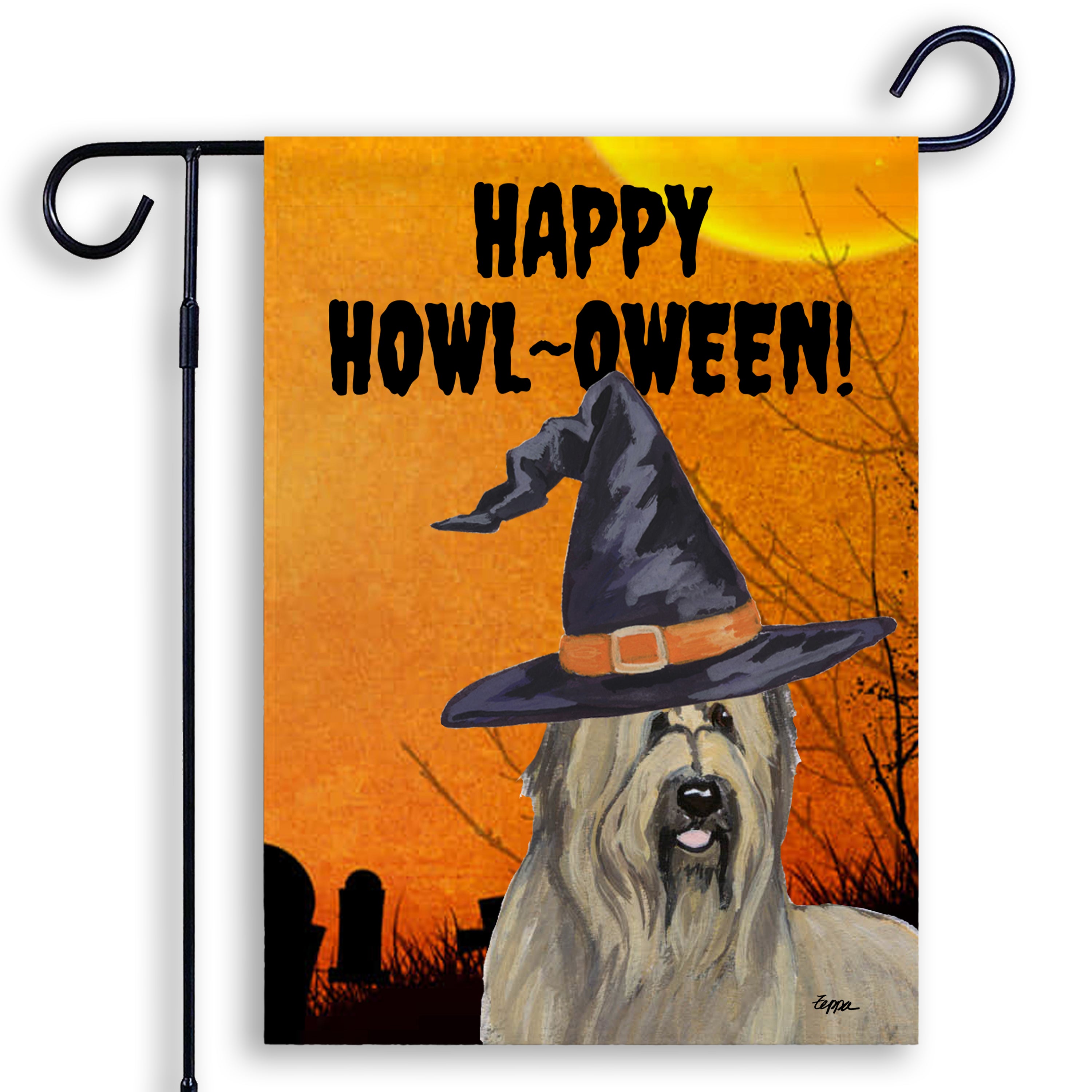 Halloween-themed garden flag with a Briard wearing a witch hat and 'Happy Howl-Oween!' text on an orange background.