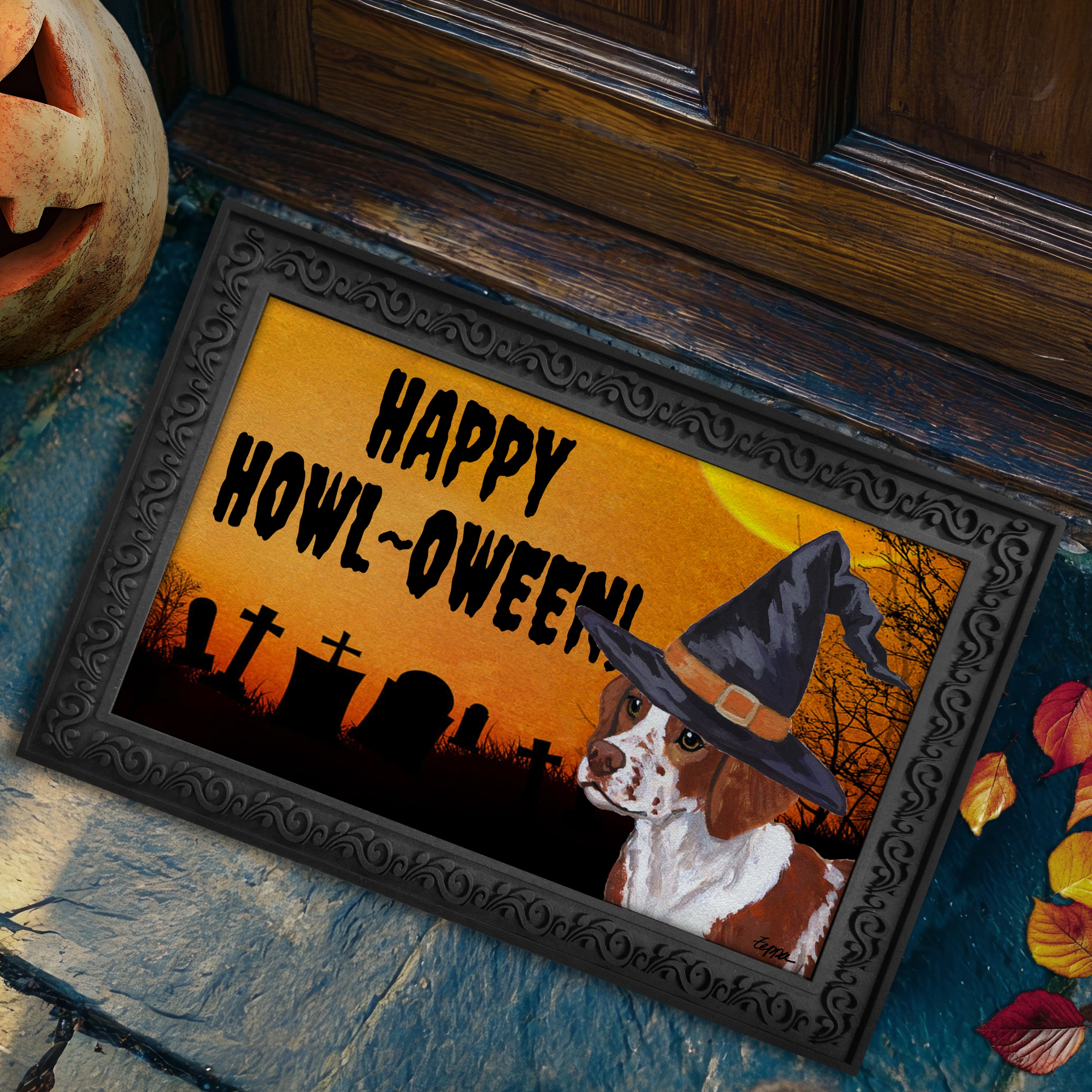 Halloween-themed doormat with a Brittany wearing a witch hat and 'Happy Howl-Oween!' text on a doorstep.
