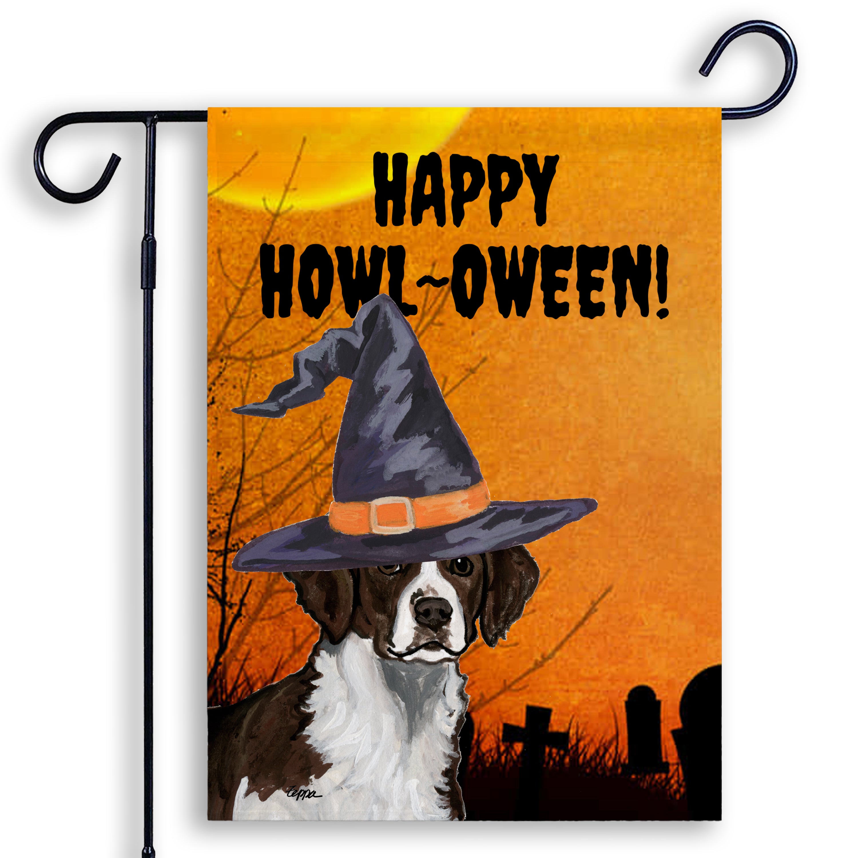 Halloween-themed garden flag with a Brittany wearing a witch hat and 'Happy Howl-Oween!' text on an orange background.