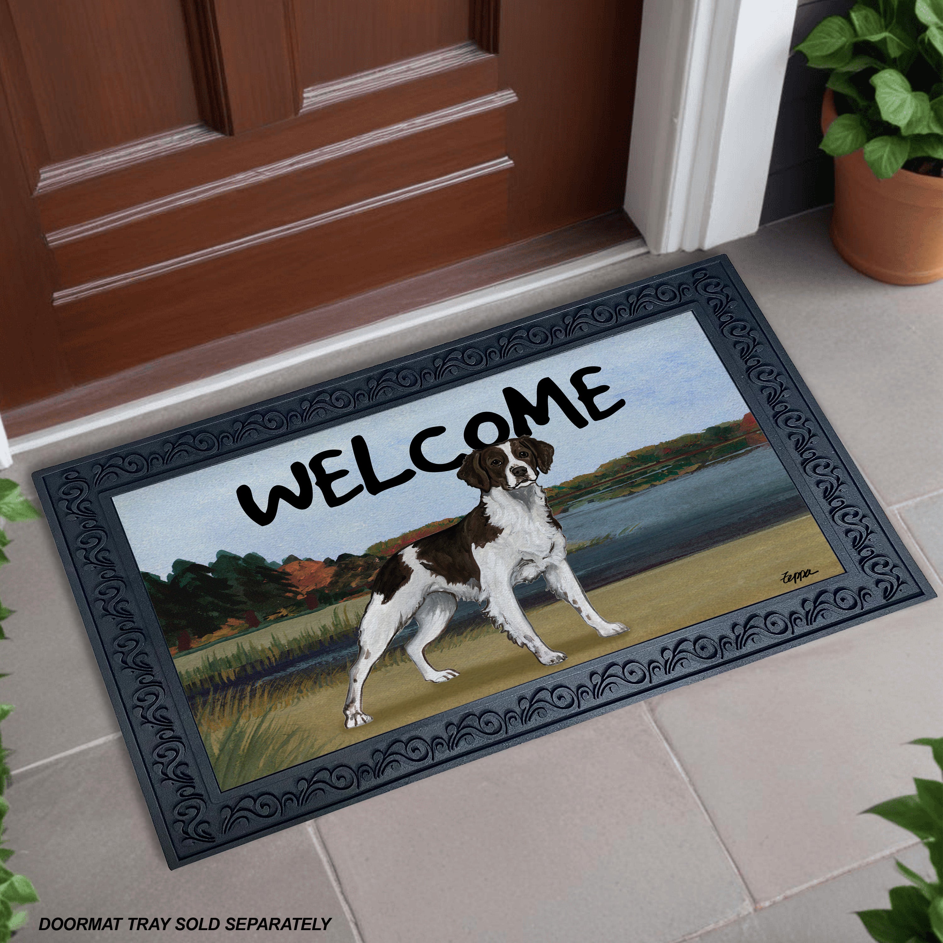 Liver and White Brittany Lake Scene Welcome Mat