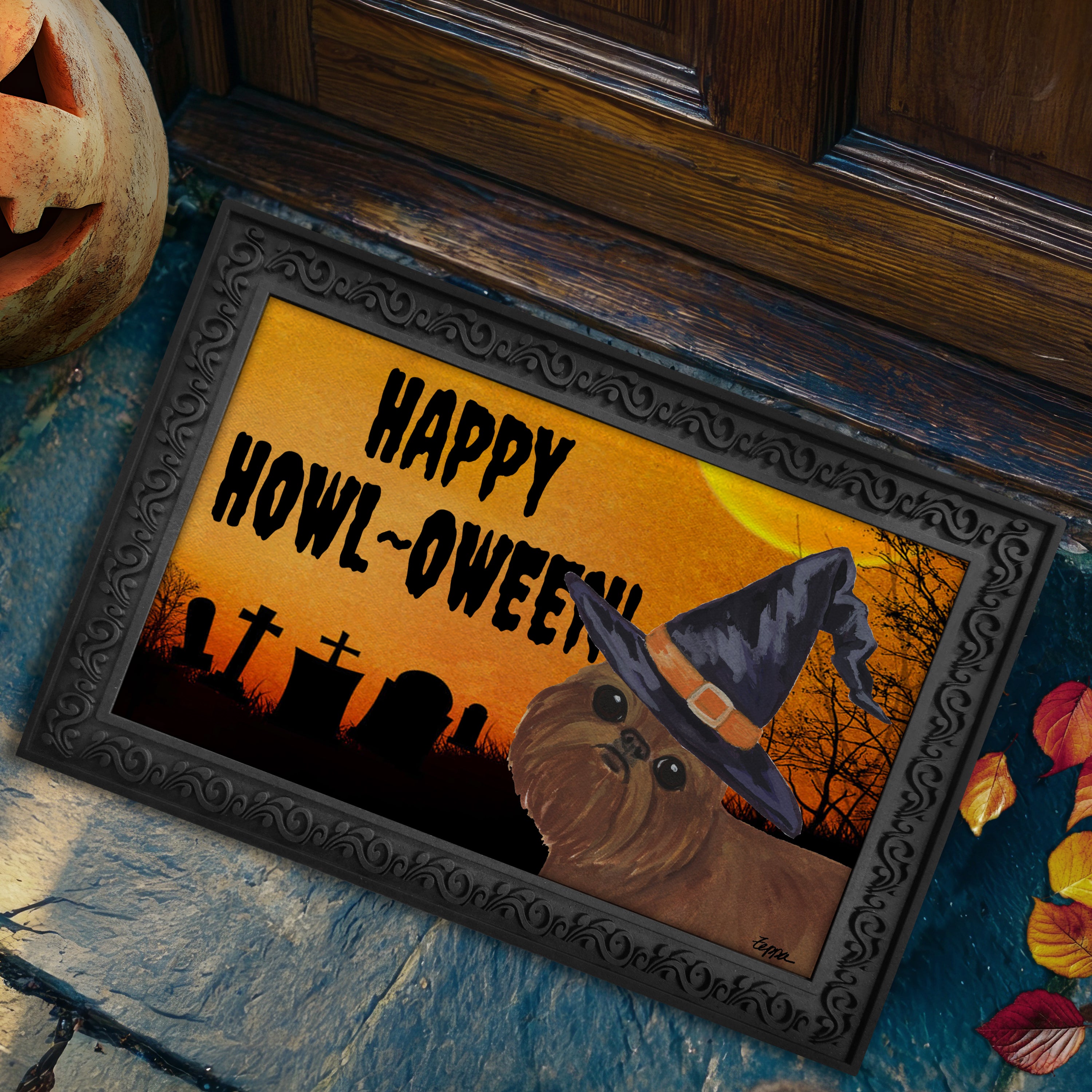 Halloween-themed doormat with a Brussels Griffon wearing a witch hat and 'Happy Howl-Oween!' text on a doorstep.