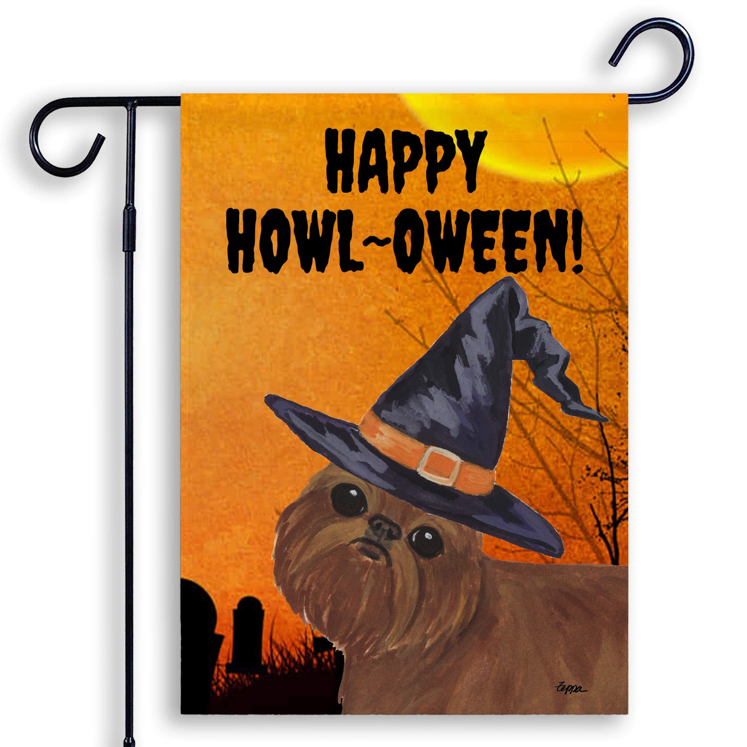 Halloween-themed garden flag with a Brussells Griffon wearing a witch hat and 'Happy Howl-Oween!' text on an orange background.