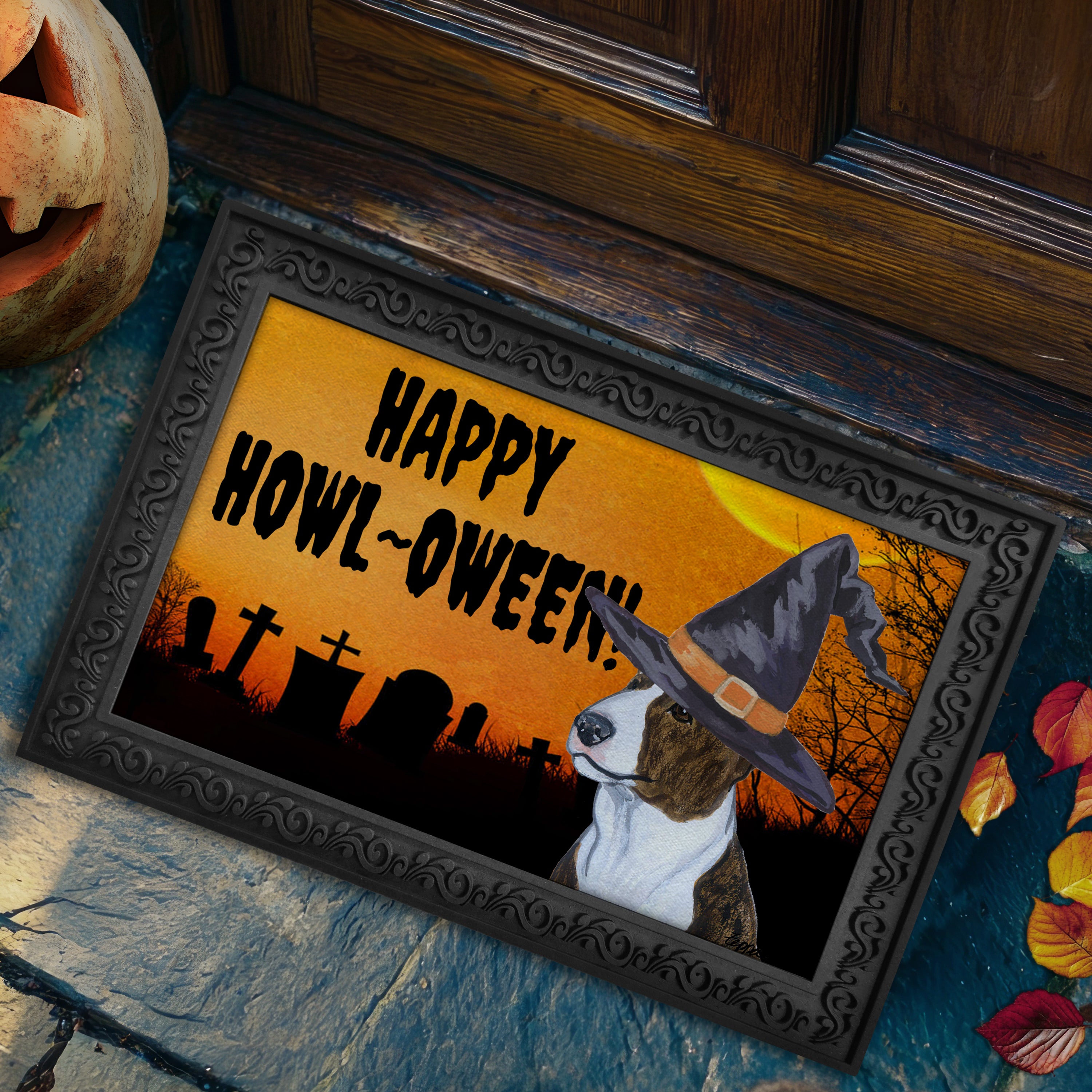 Halloween-themed doormat with a Bull Terrier wearing a witch hat and 'Happy Howl-Oween!' text on a doorstep.