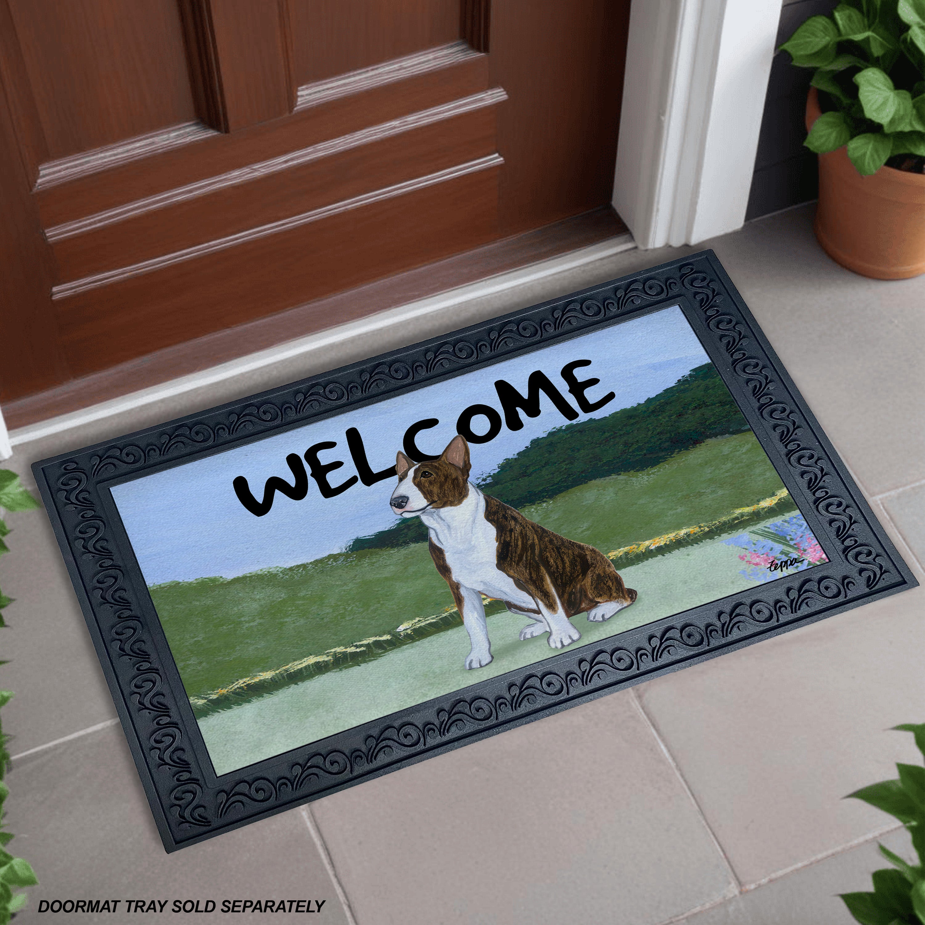 Brindle and White Bull Terrier Yard Scene Welcome Mat