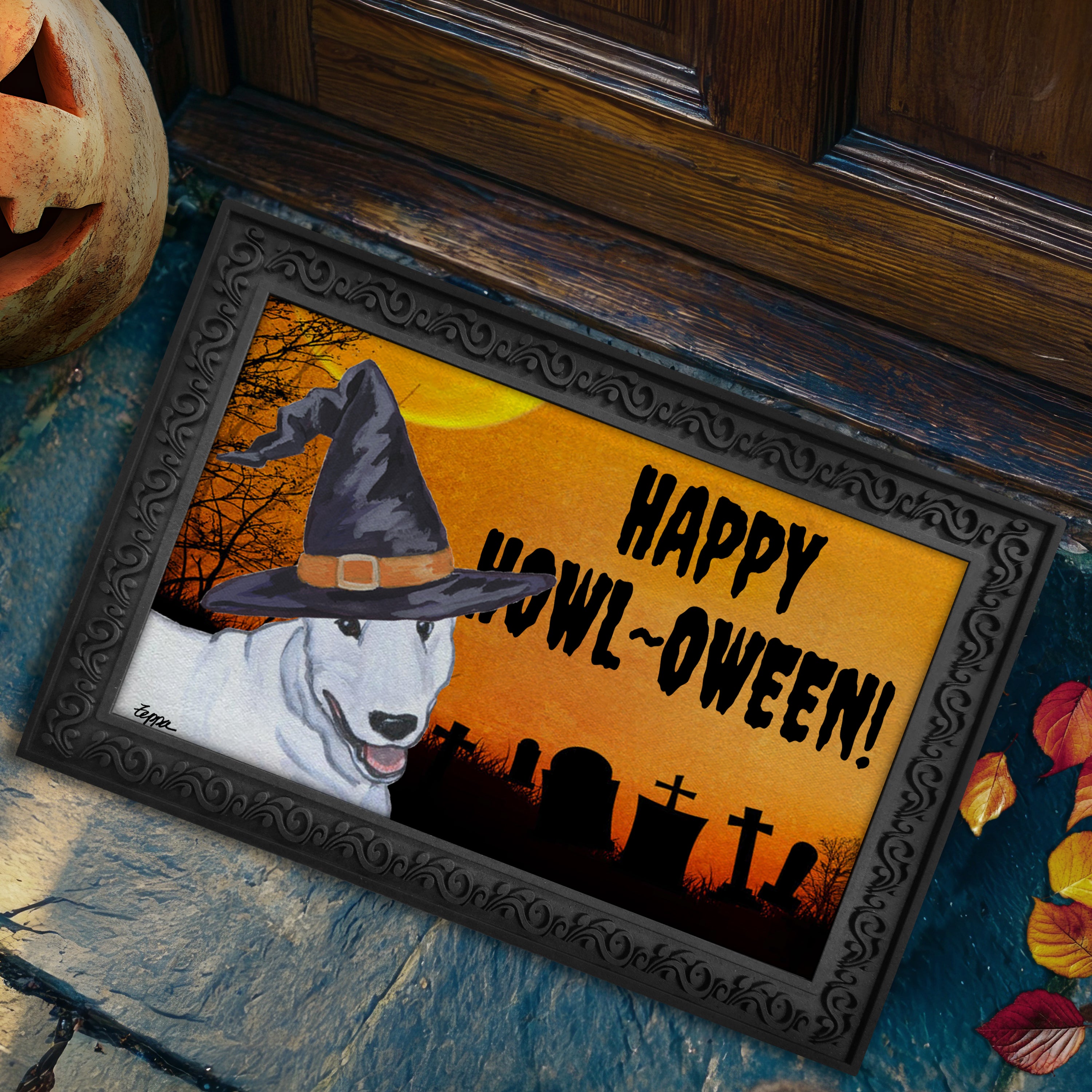 Halloween-themed doormat with a Bull Terrier wearing a witch hat and 'Happy Howl-Oween!' text on a doorstep.