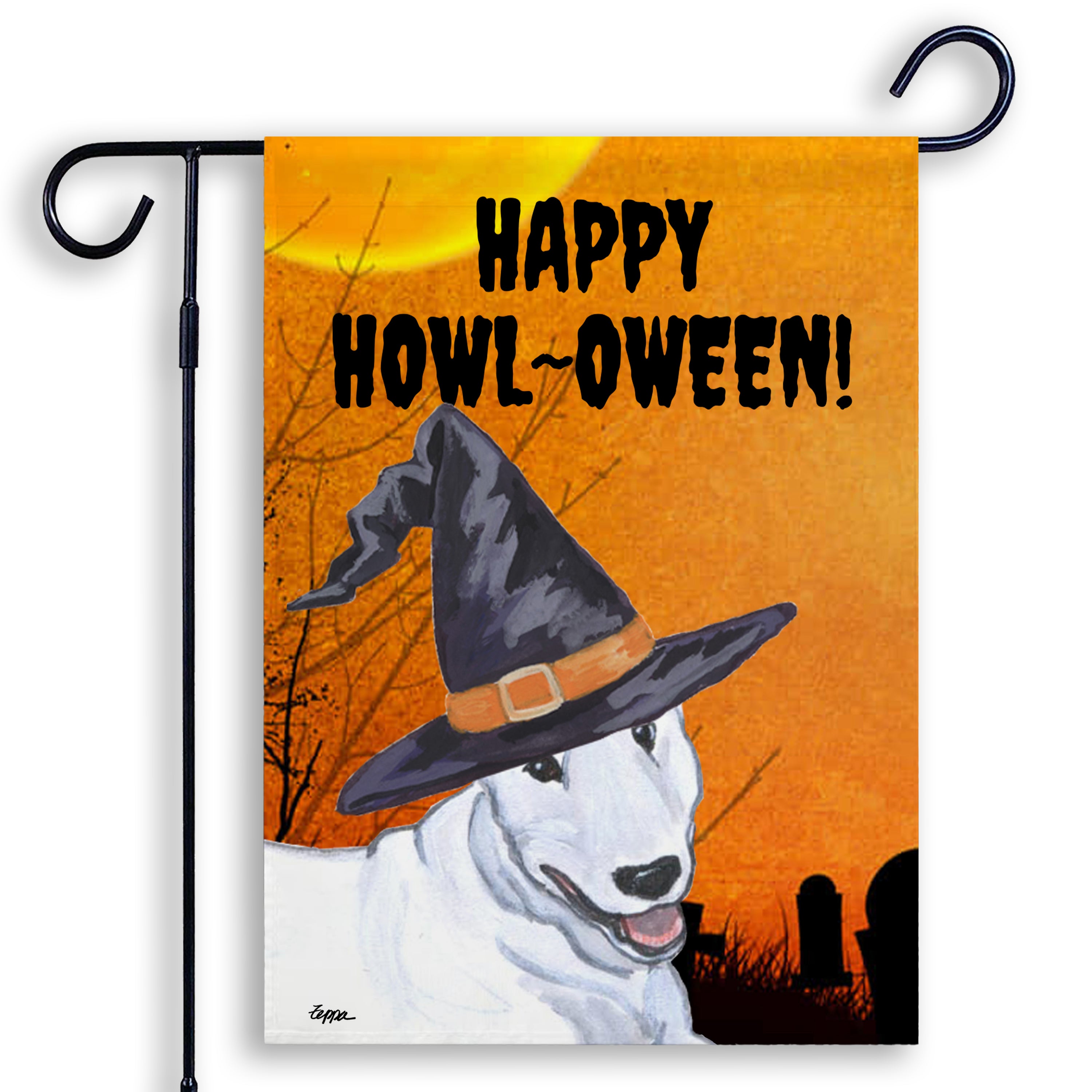 Halloween-themed garden flag with a Bull Terrier wearing a witch hat and 'Happy Howl-Oween!' text on an orange background.