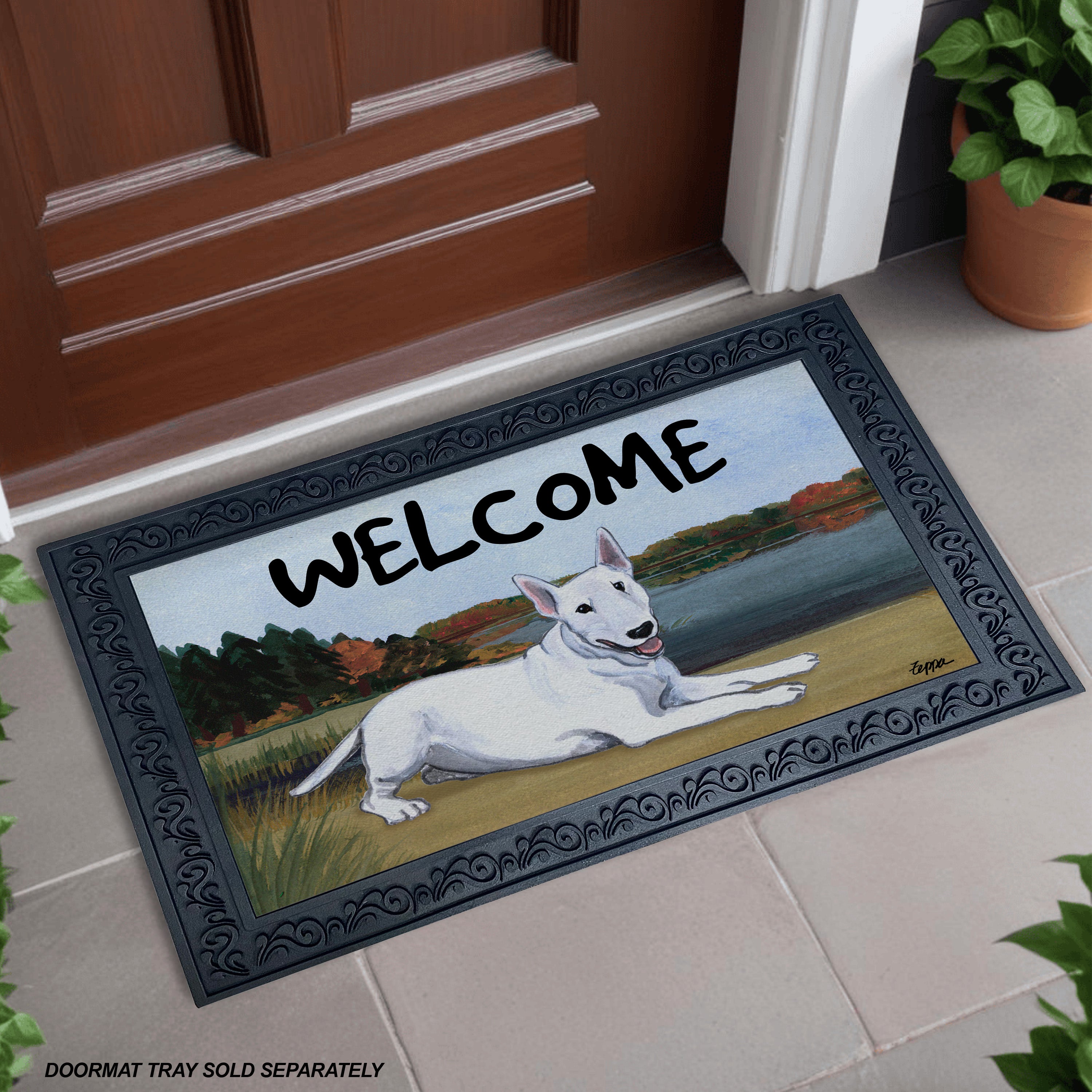 Bull Terrier Lake Scene Welcome Mat