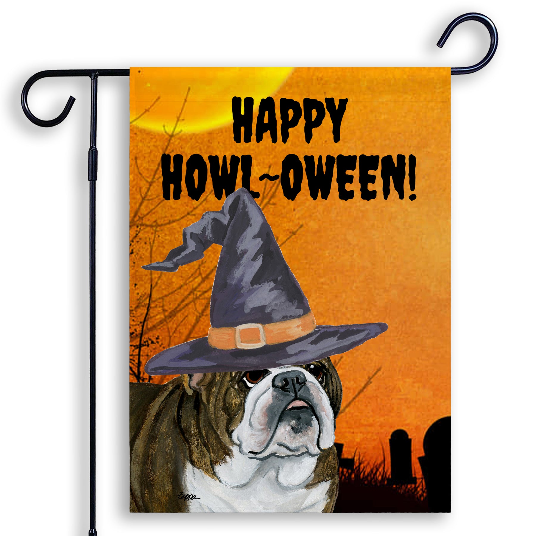 Halloween-themed garden flag with a Bulldog wearing a witch hat and 'Happy Howl-Oween!' text on an orange background.