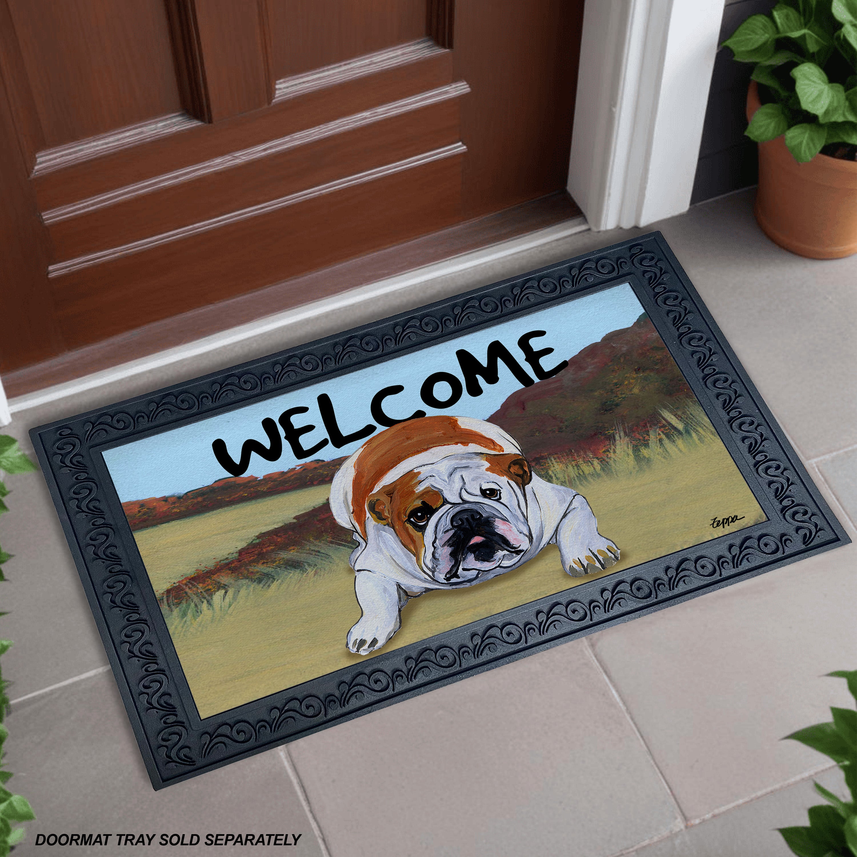 English Bulldog Field Scene Welcome Mat