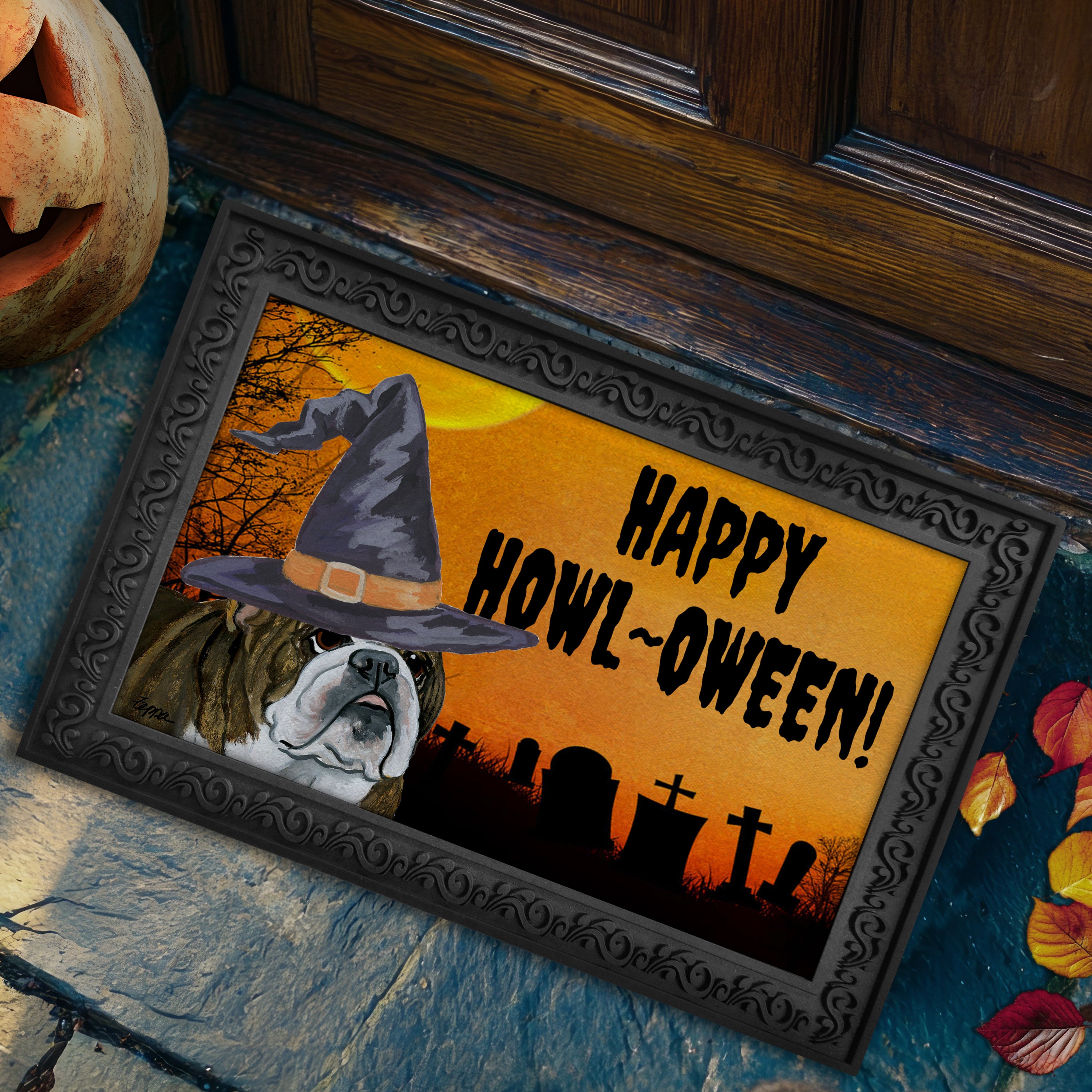 Halloween-themed doormat with a Bulldog wearing a witch hat and 'Happy Howl-Oween!' text on a doorstep.