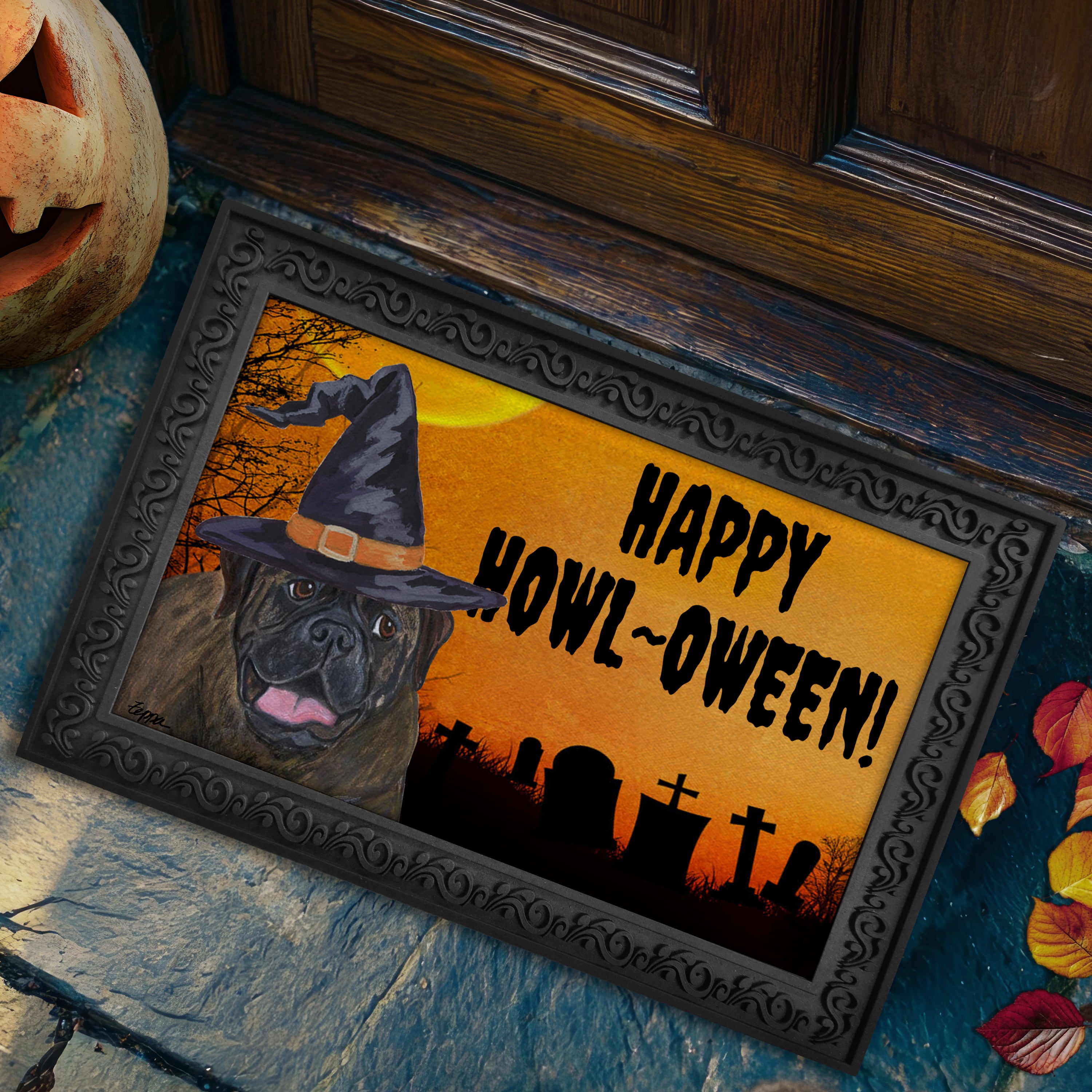 Halloween-themed doormat with a Bullmastiff wearing a witch hat and 'Happy Howl-Oween!' text on a doorstep.