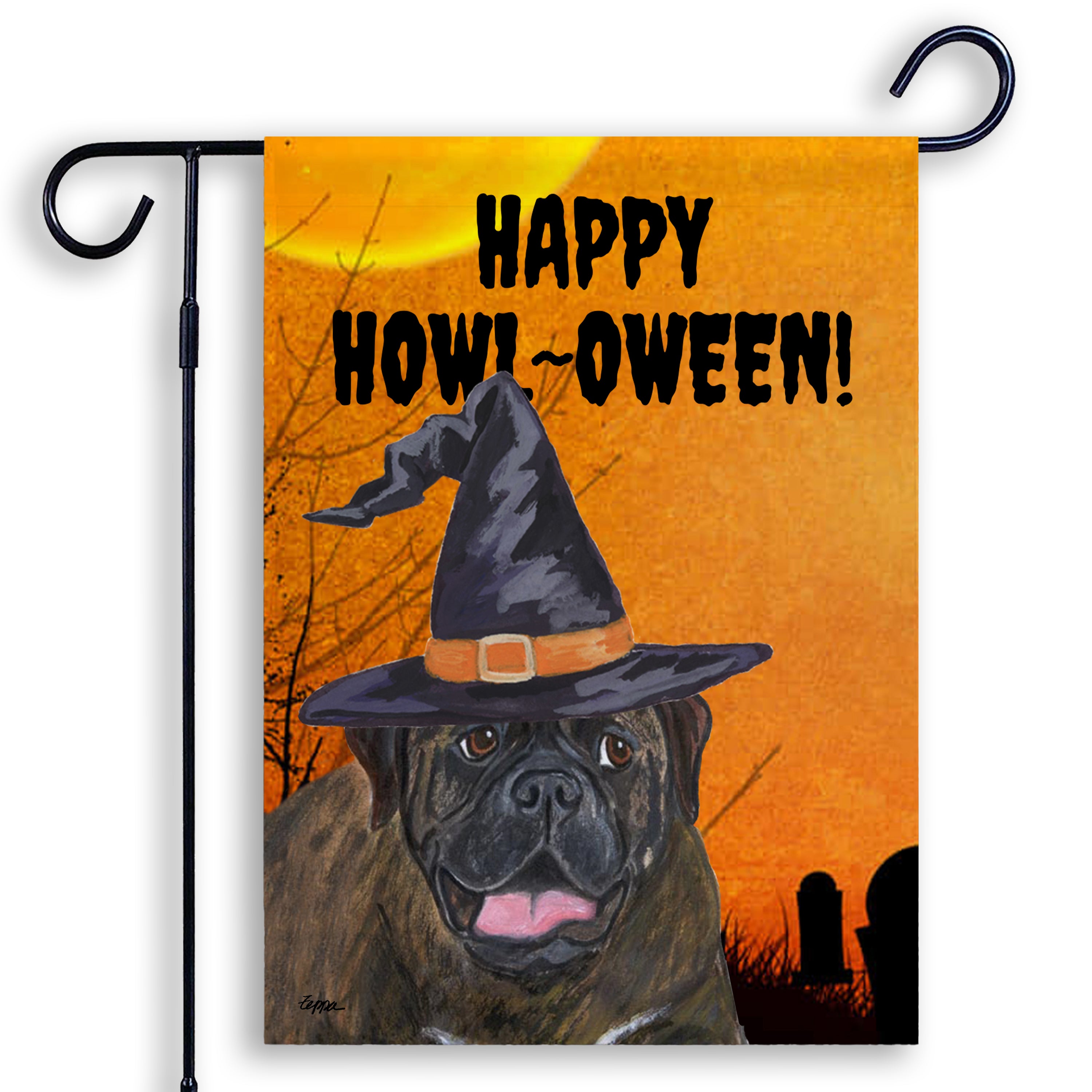 Halloween-themed garden flag with a Bullmastiff wearing a witch hat and 'Happy Howl-Oween!' text on an orange background.