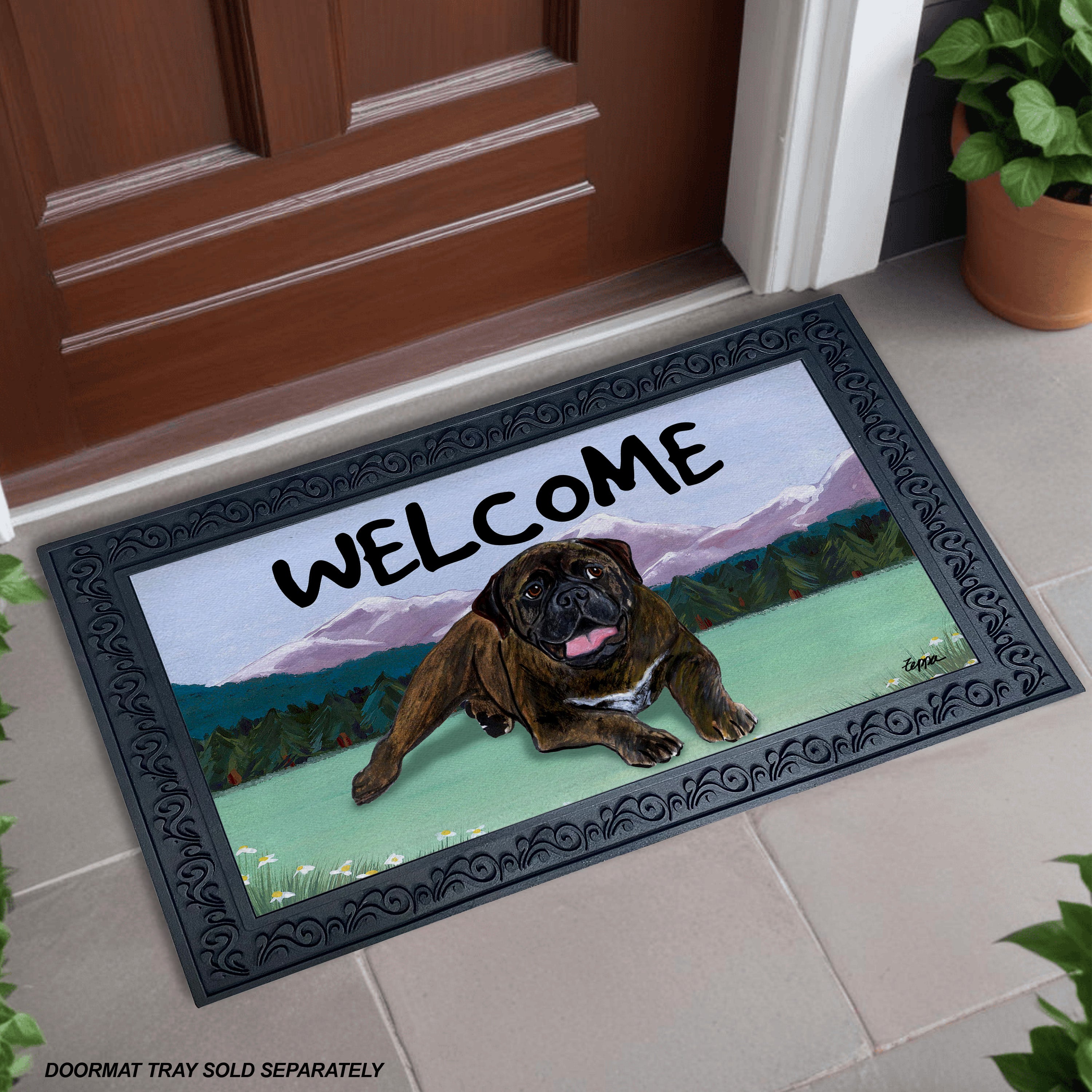 Bullmastiff Mountain Scene Welcome Mat