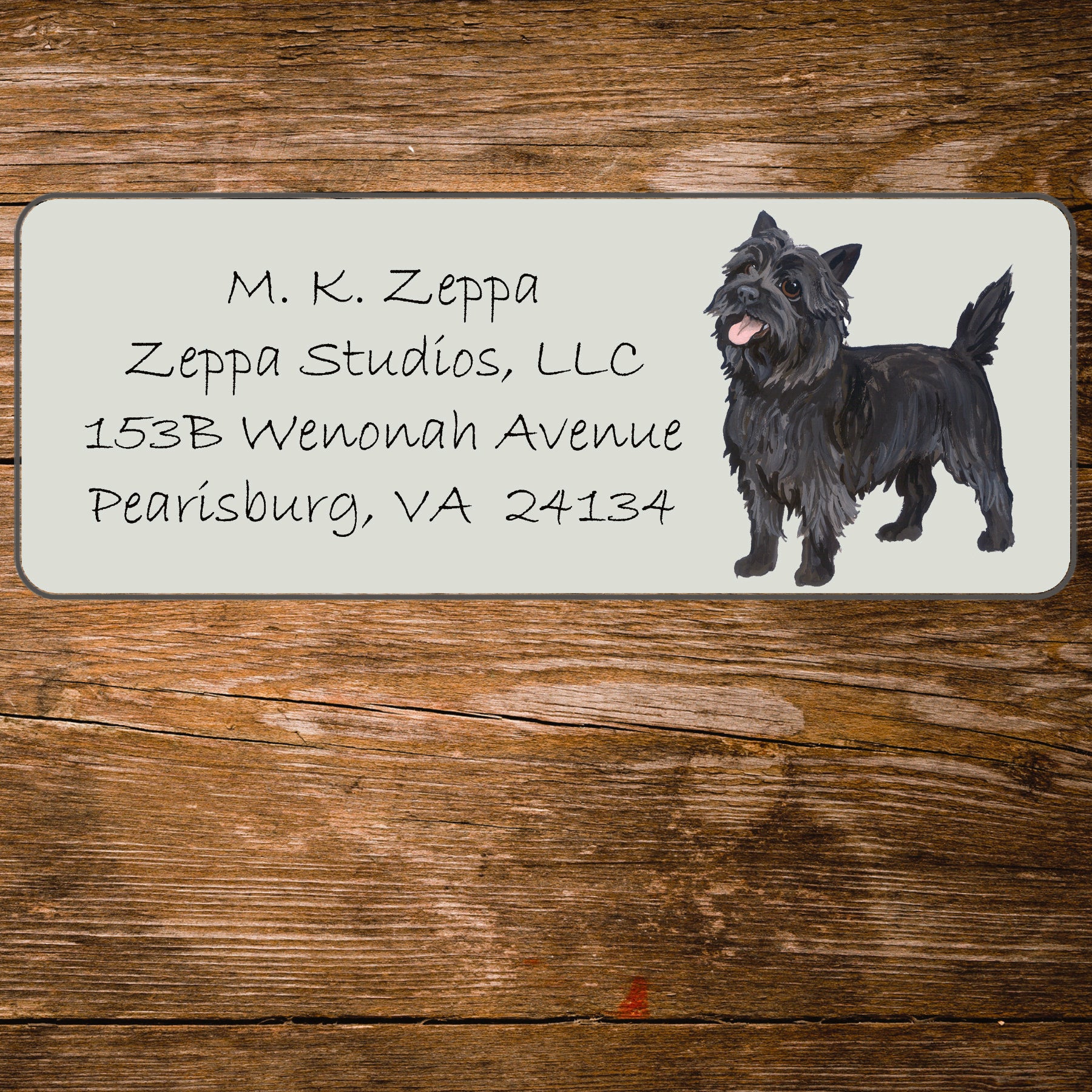 Return address label with a Cairn Terrier illustration.