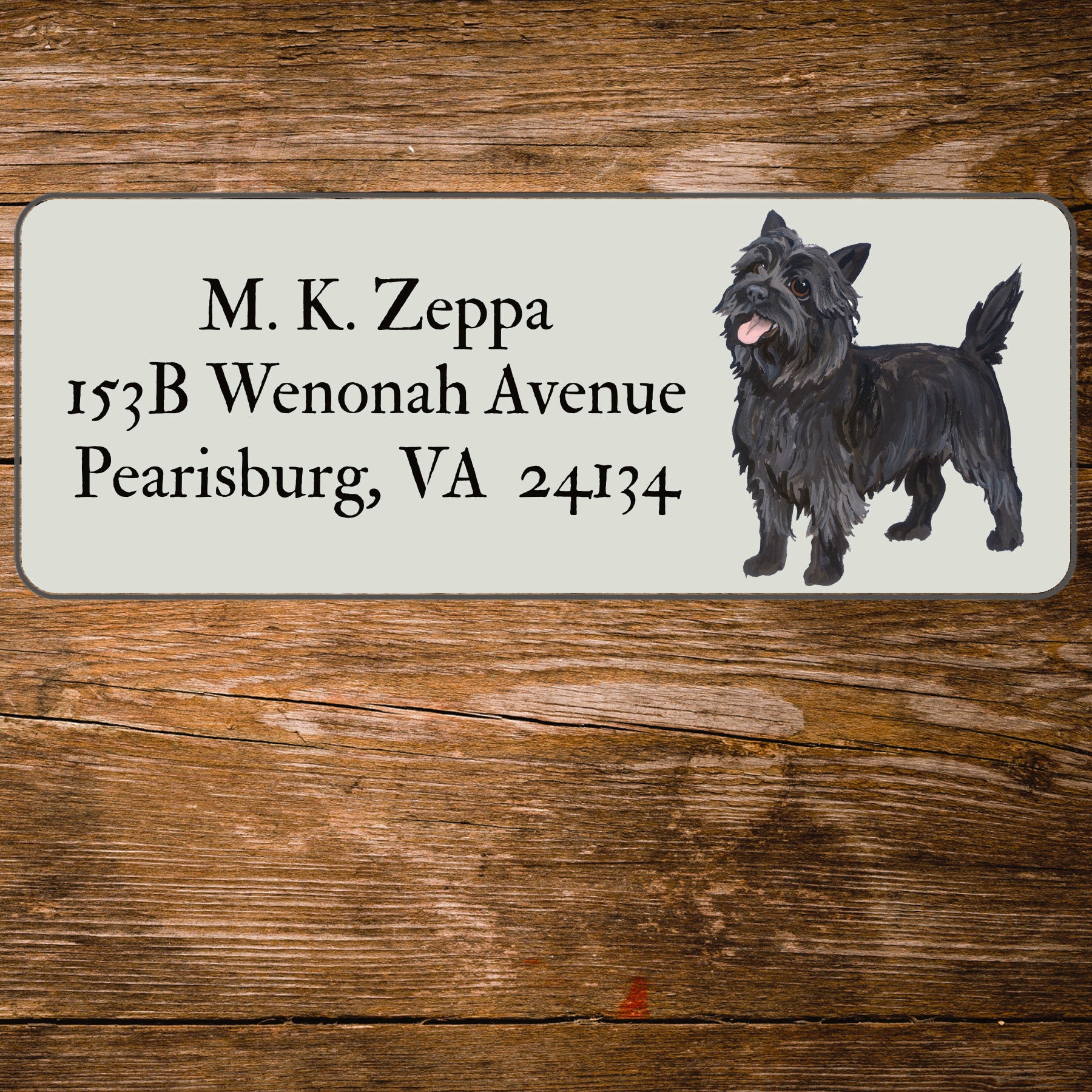 Return address label with a Cairn Terrier illustration.