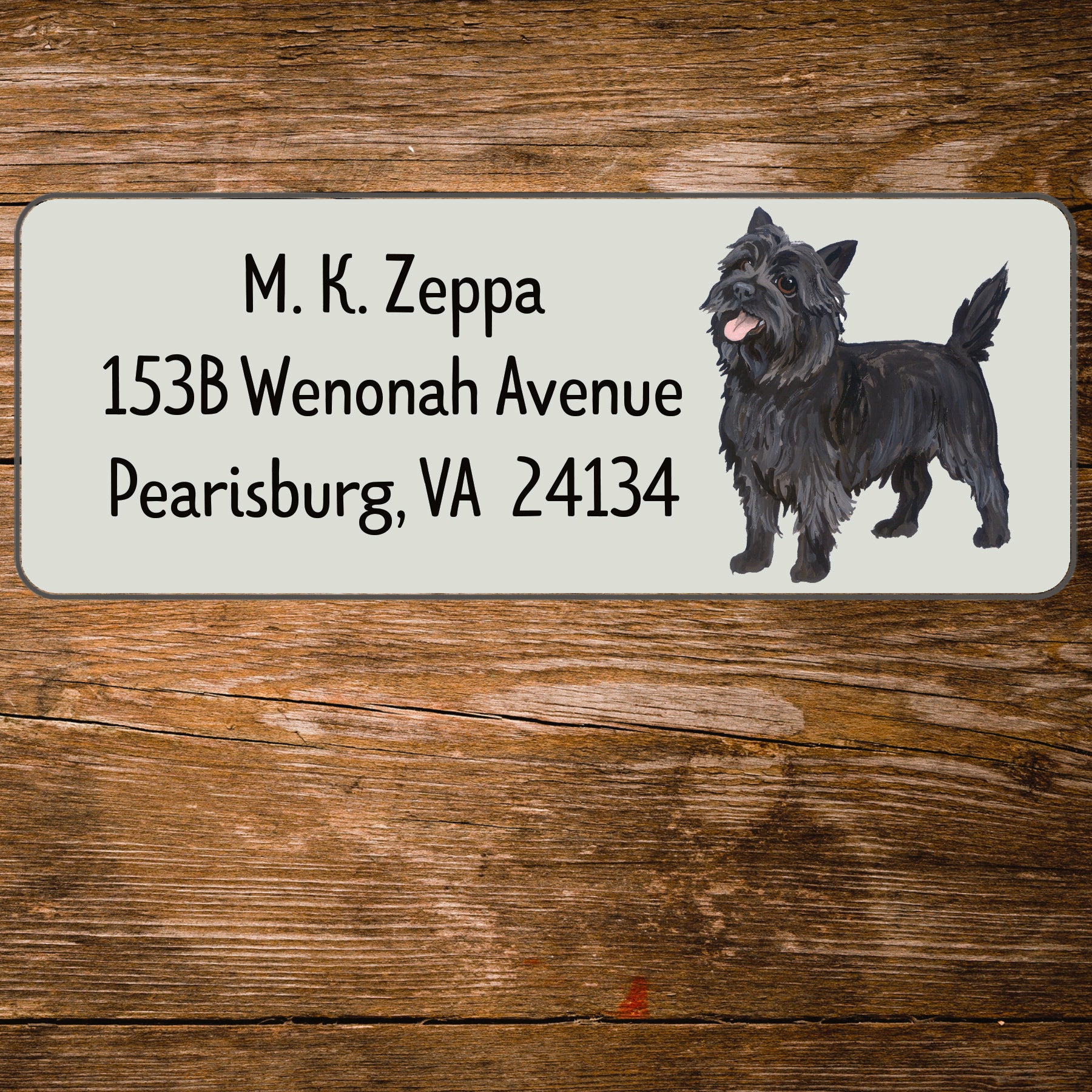 Return address label with a Cairn Terrier illustration.
