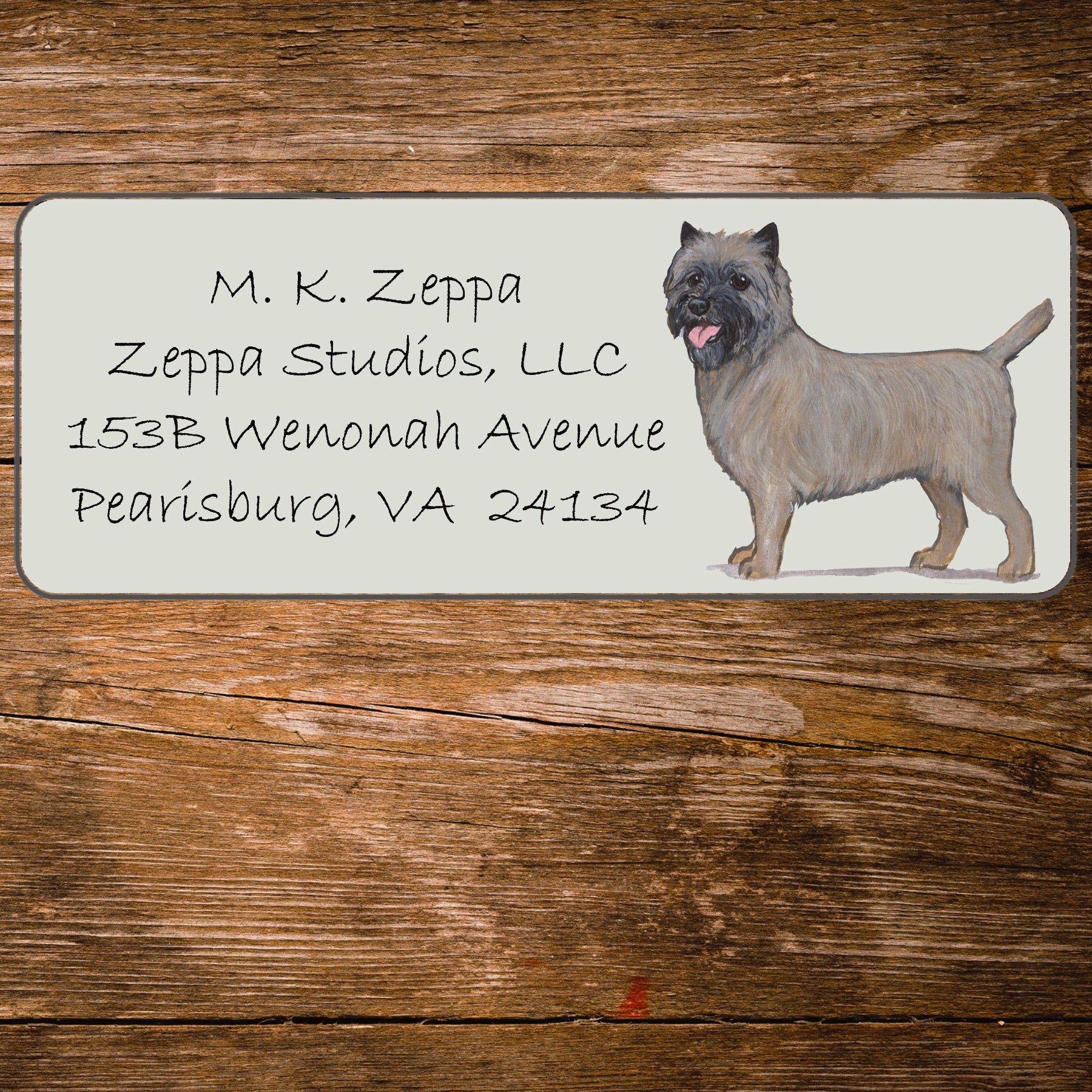 Return address label with a Cairn Terrier illustration.