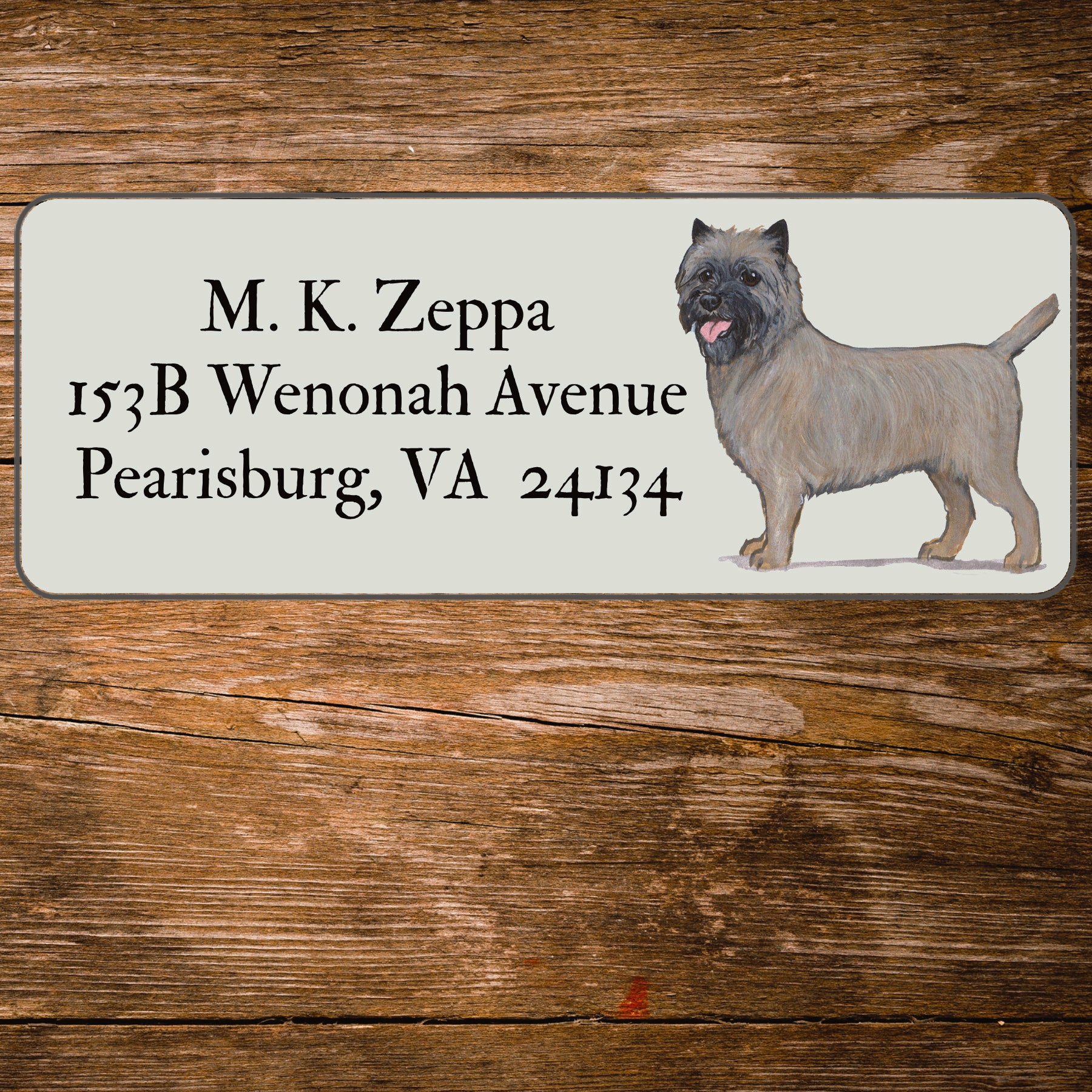 Return address label with a Cairn Terrier illustration.