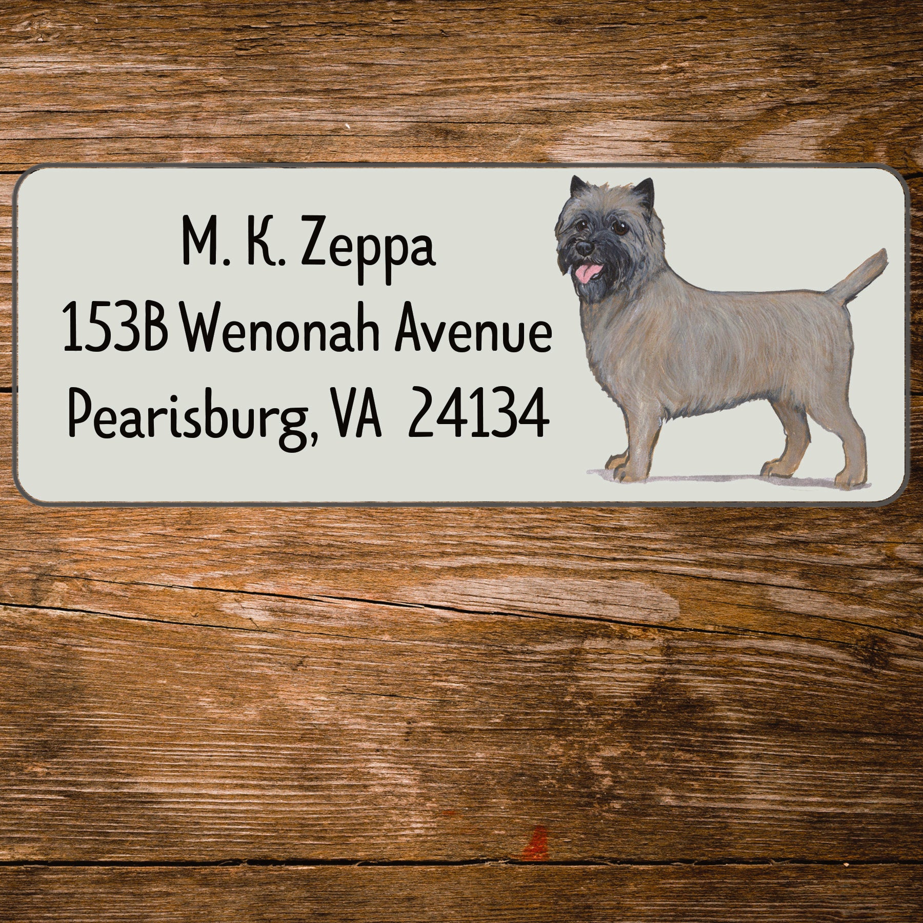 Return address label with a Cairn Terrier illustration.