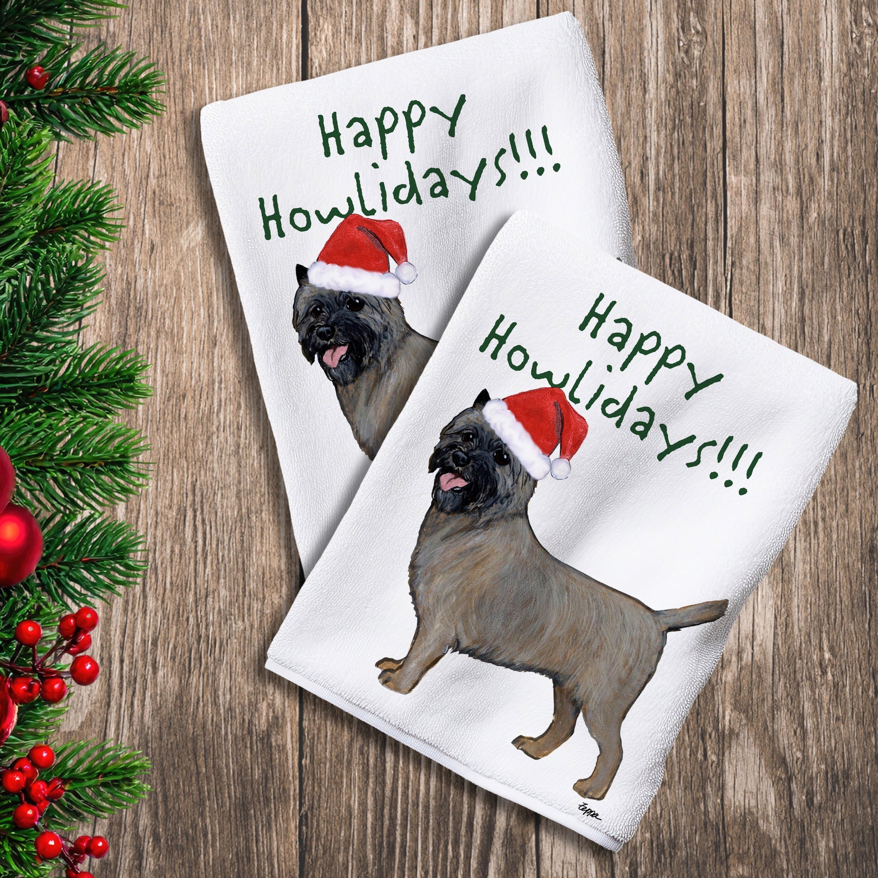 2 Kitchen Towels with a Cairn Terrier in a Santa Hat and Happy Howlidays text.
