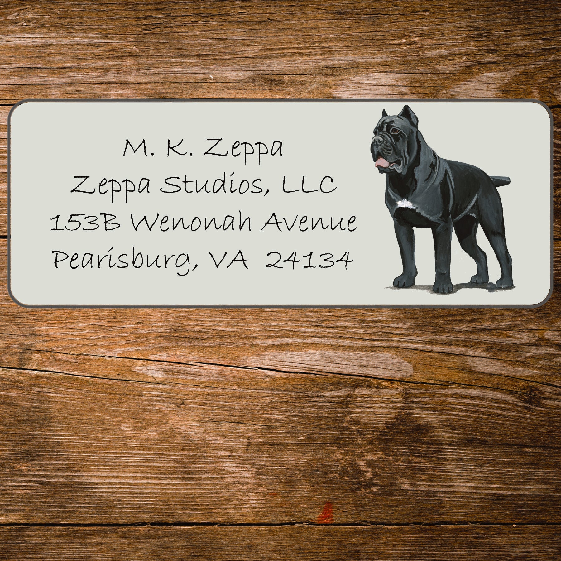Return address label with a Cane Corso illustration.