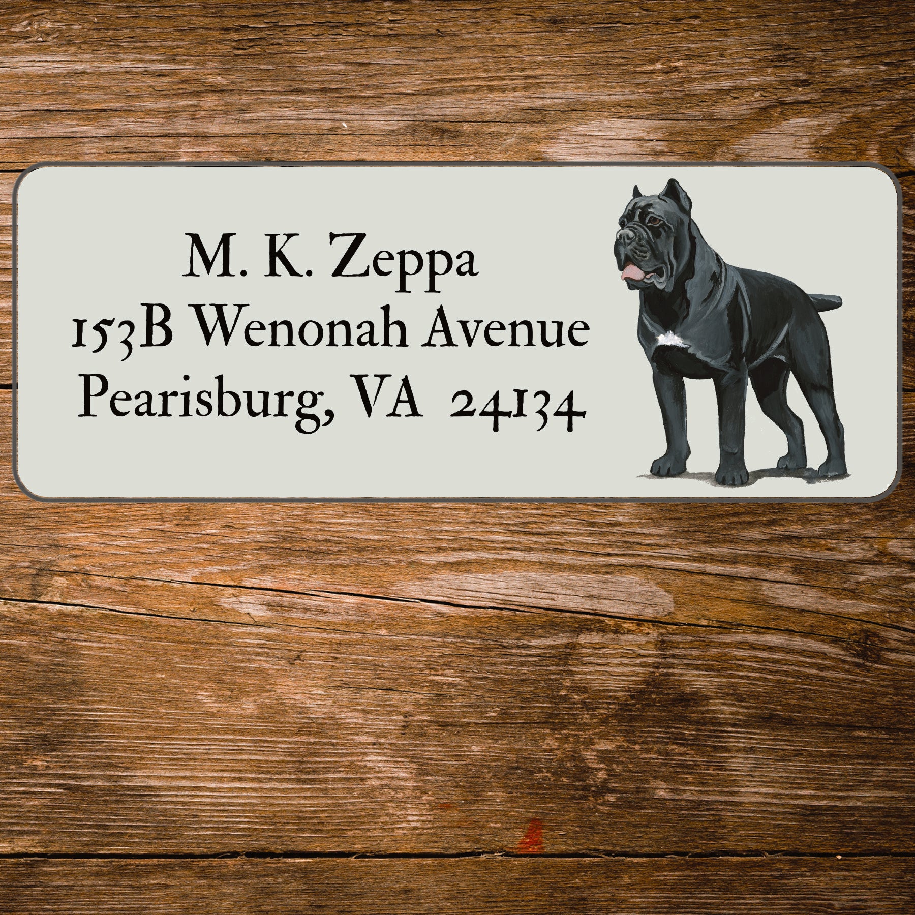 Return address label with a Cane Corso illustration.
