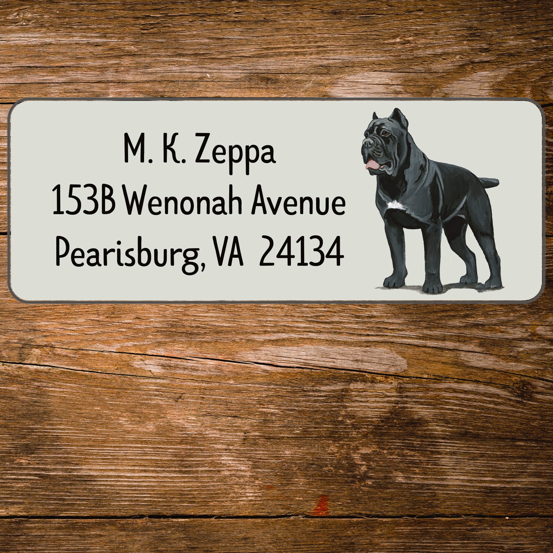 Return address label with a Cane Corso illustration.