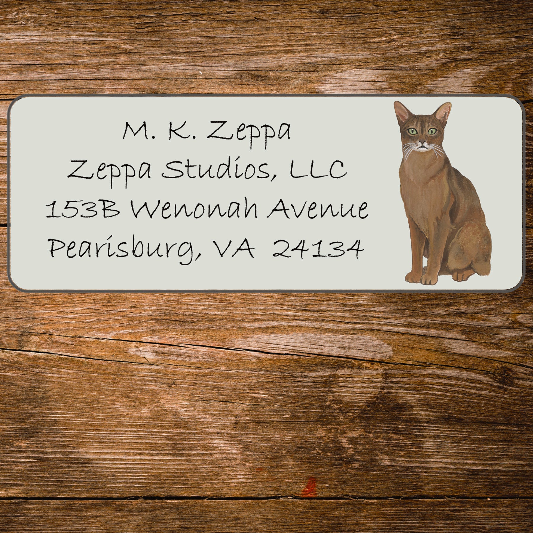 Return address label with an illustration of an Abyssinian Cat