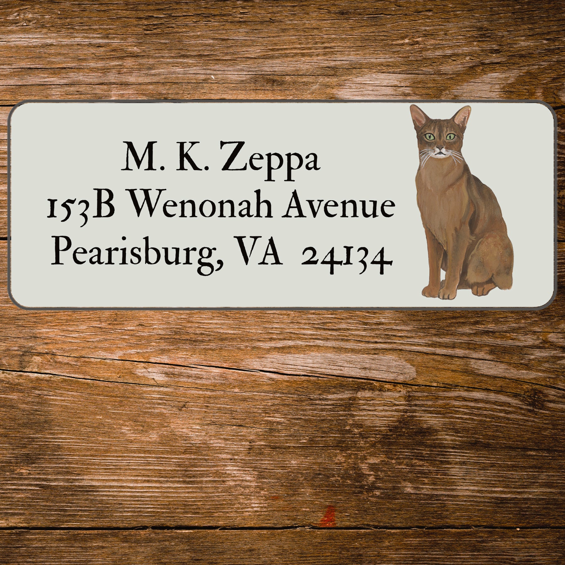 Return address label with an illustration of an Abyssinian Cat