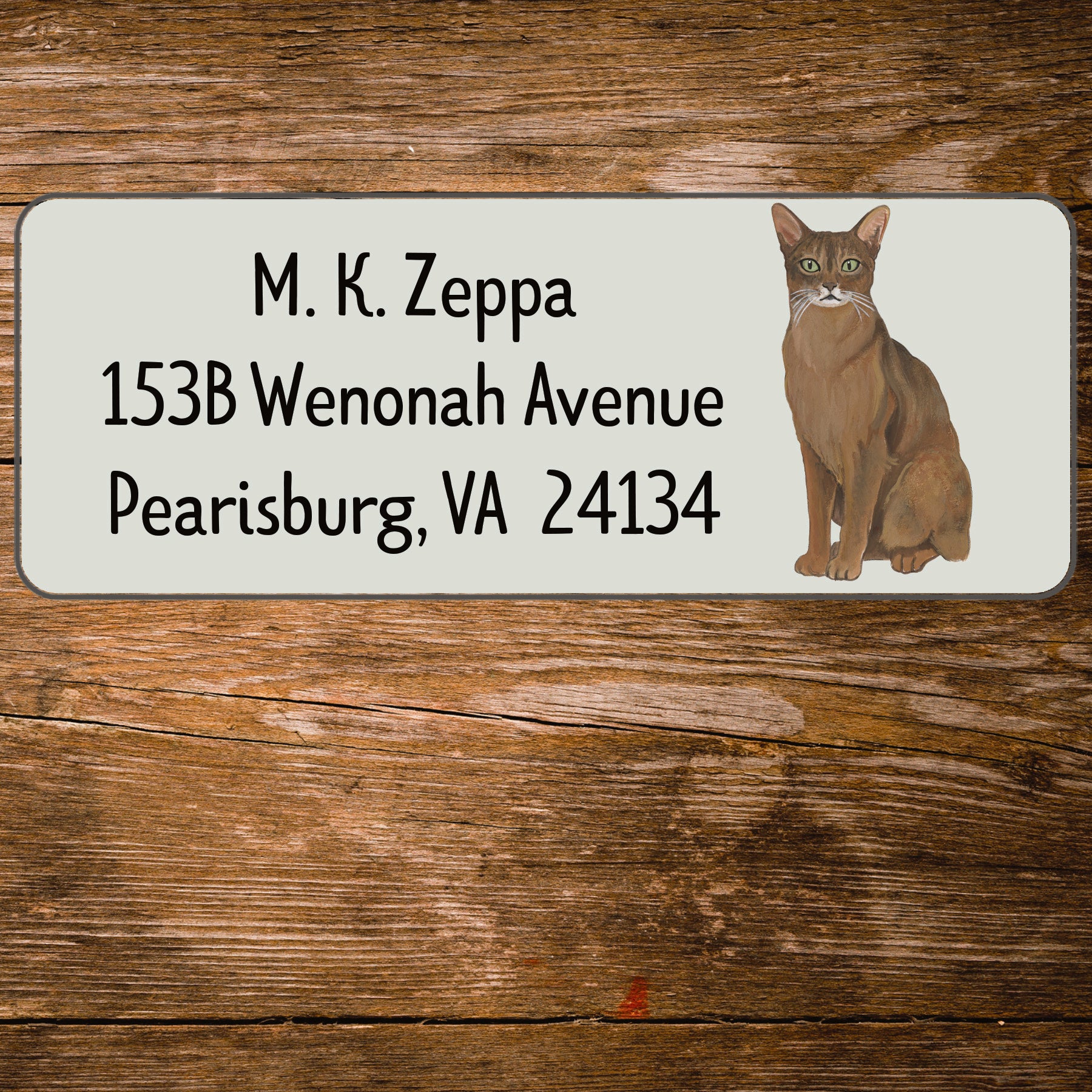 Return address label with an illustration of an Abyssinian Cat