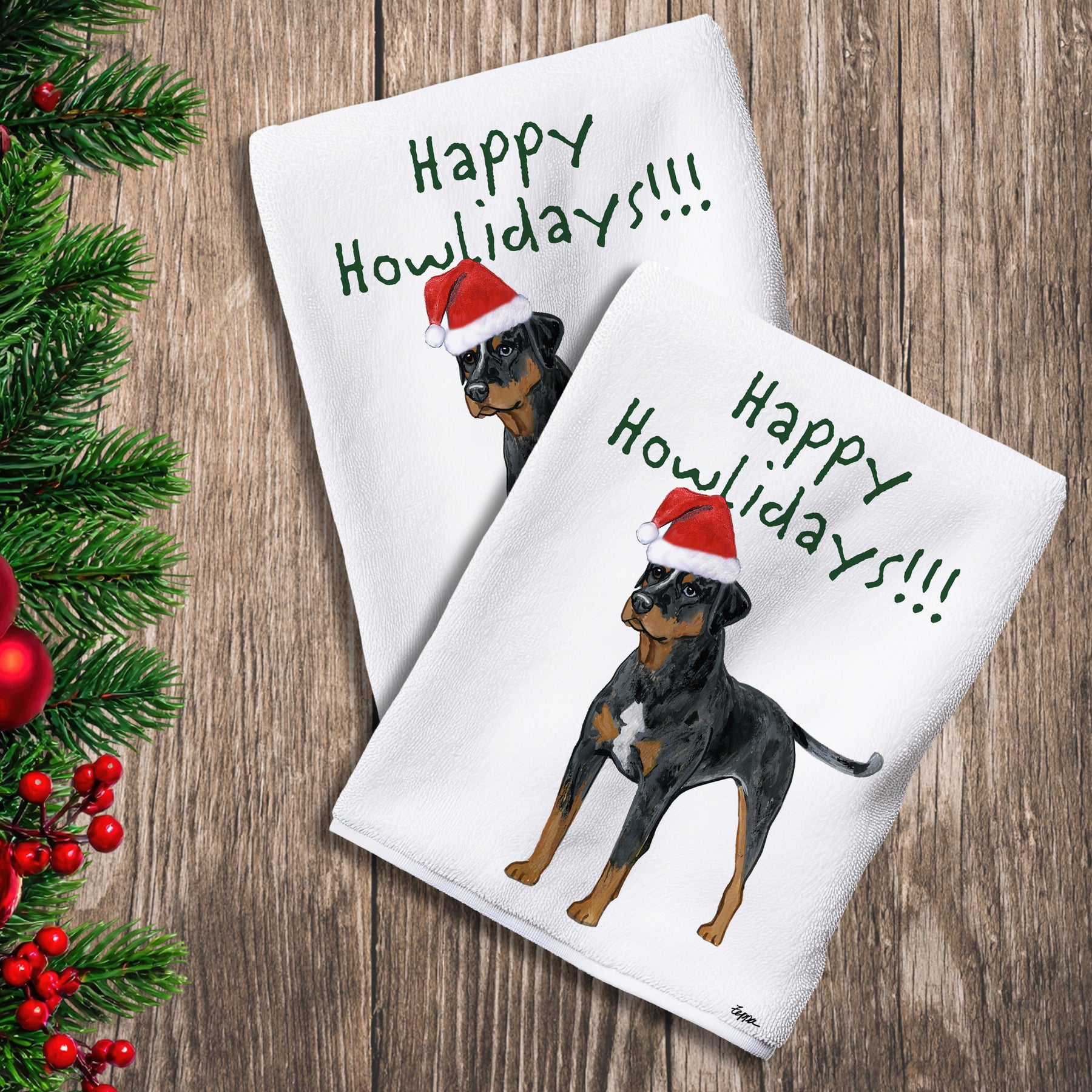 2 Kitchen Towels with a Catahoula Leopard Dog in a Santa Hat and Happy Howlidays text.
 