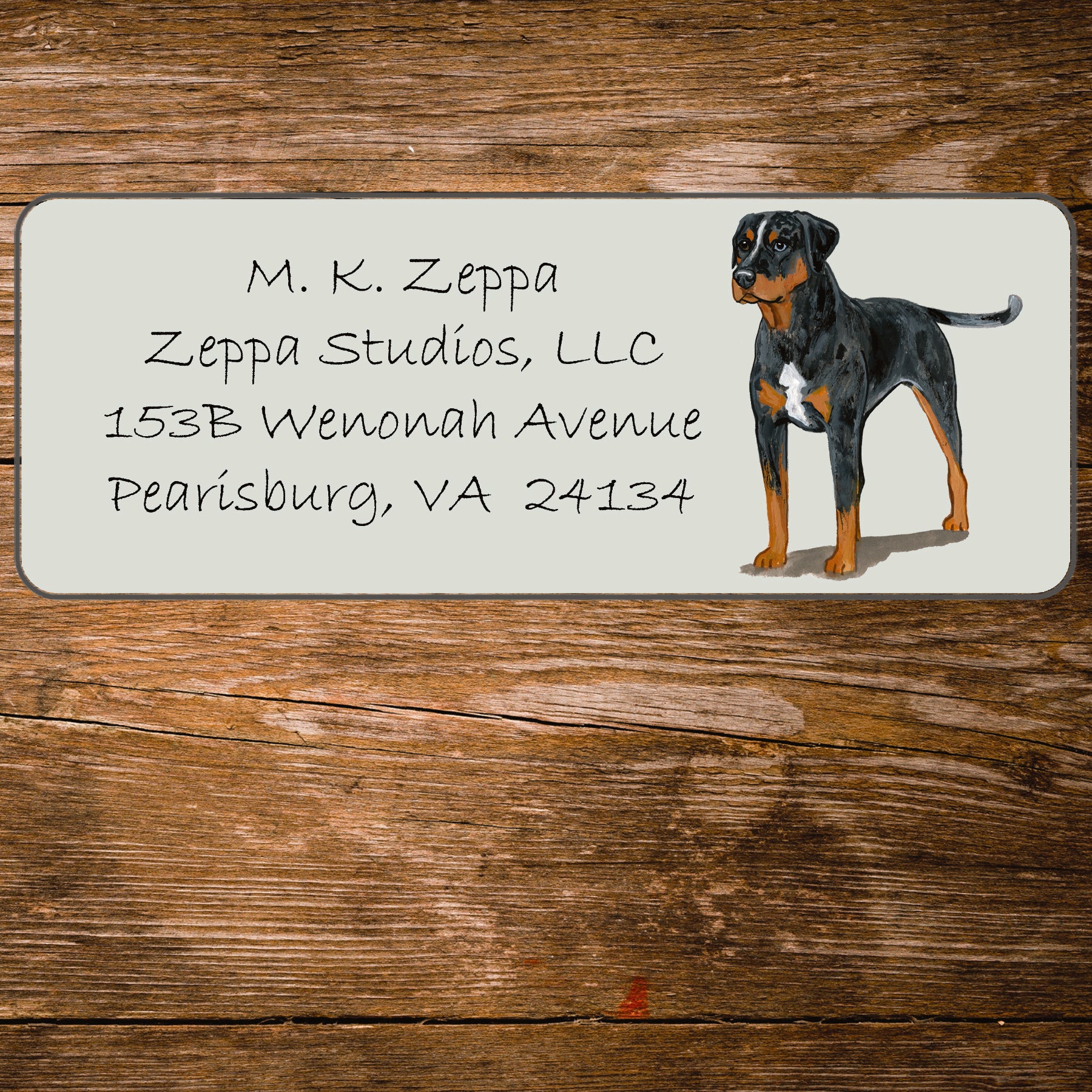 Return address label with a Catahoula Leopard Dog illustration.