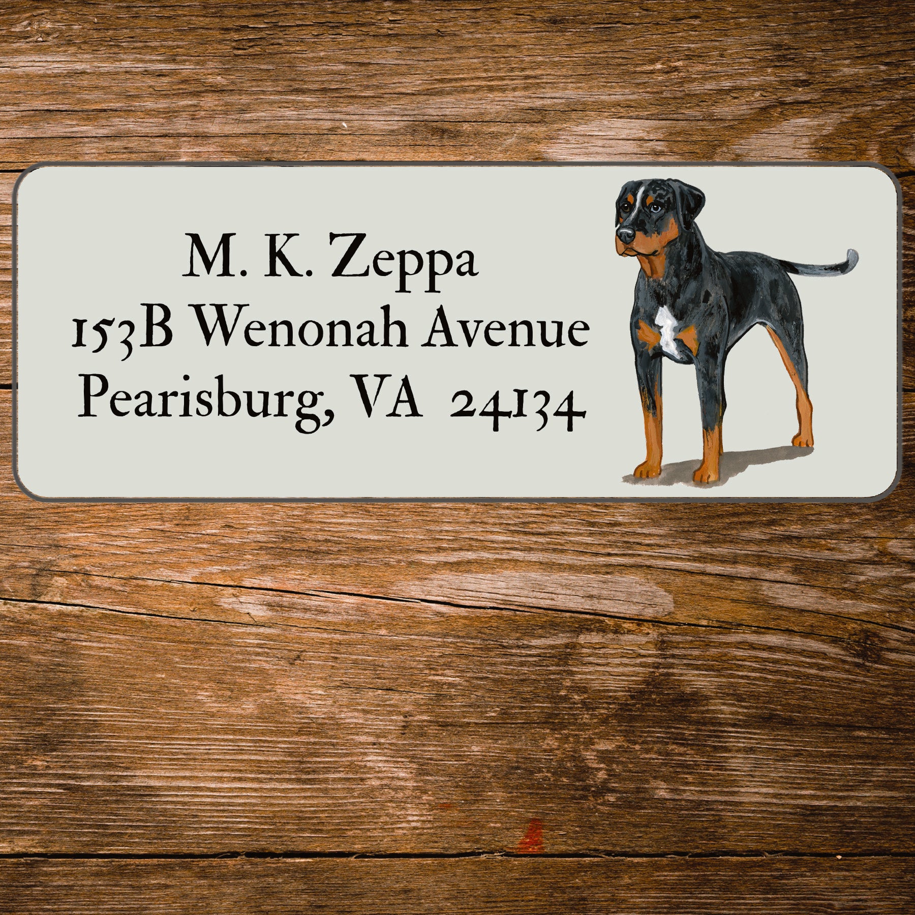 Return address label with a Catahoula Leopard Dog illustration.