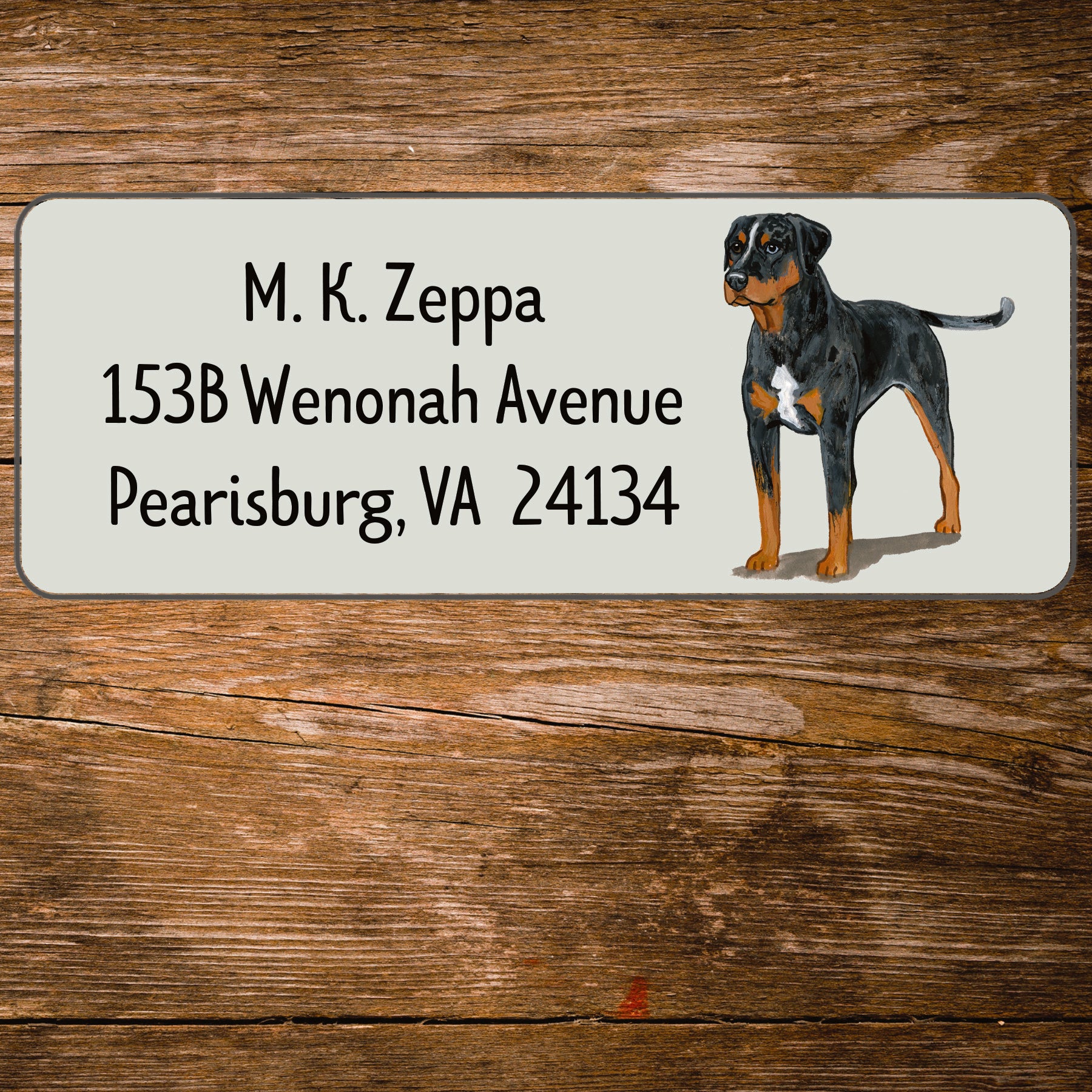 Return address label with a Catahoula Leopard Dog illustration.