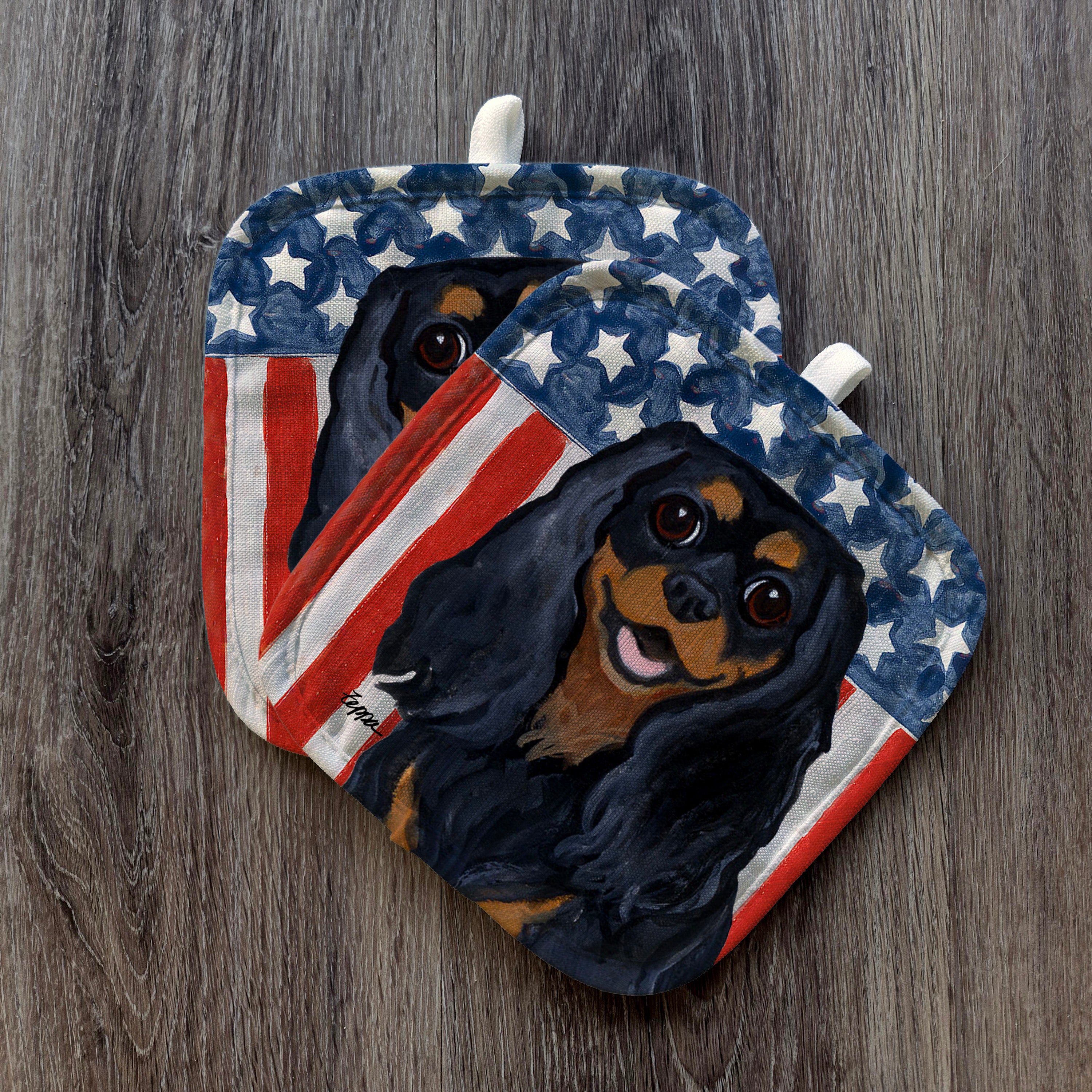 Black and Tan Cavalier King Charles Spaniel Americana Pot Holder Set