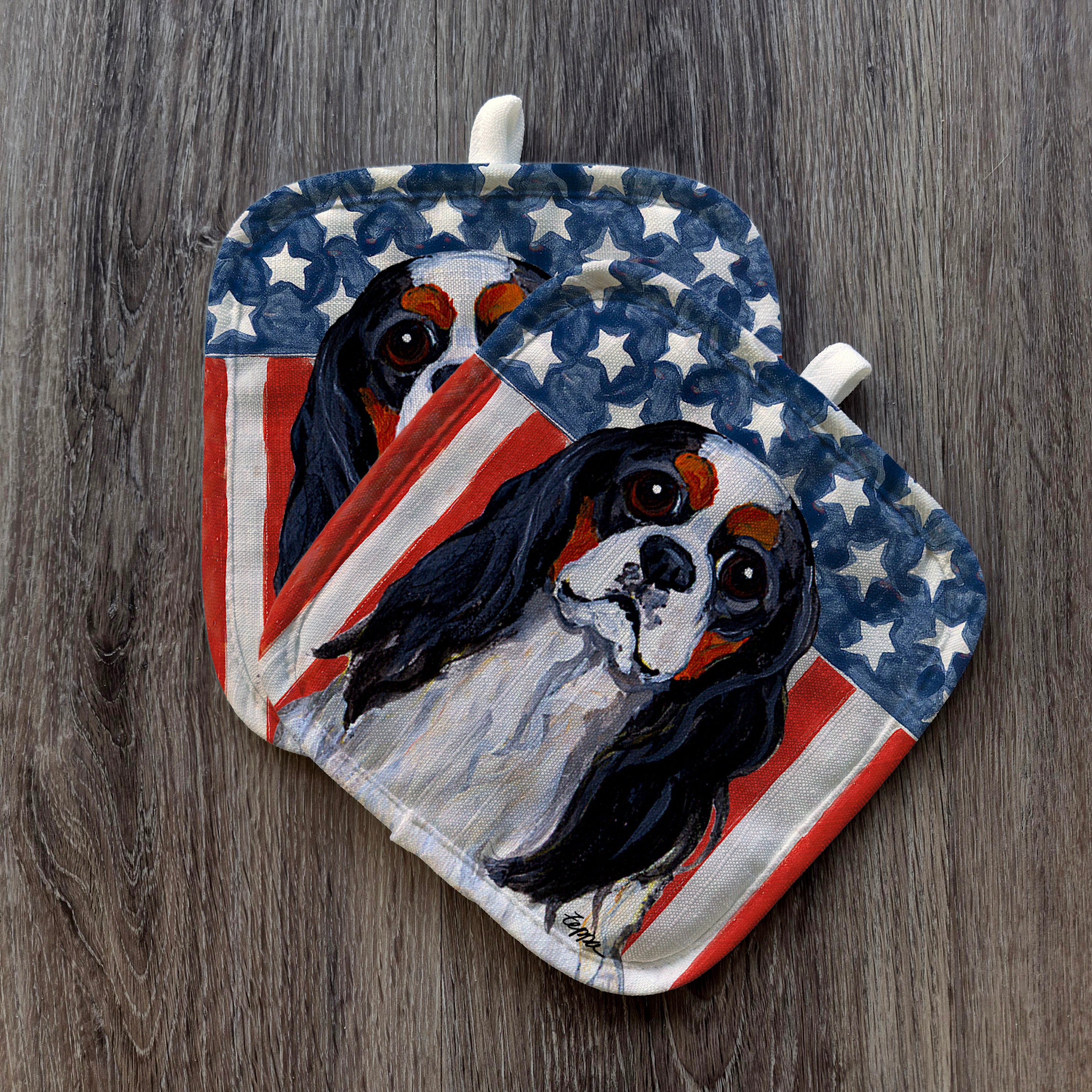 Tri Cavalier King Charles Spaniel Americana Pot Holder Set