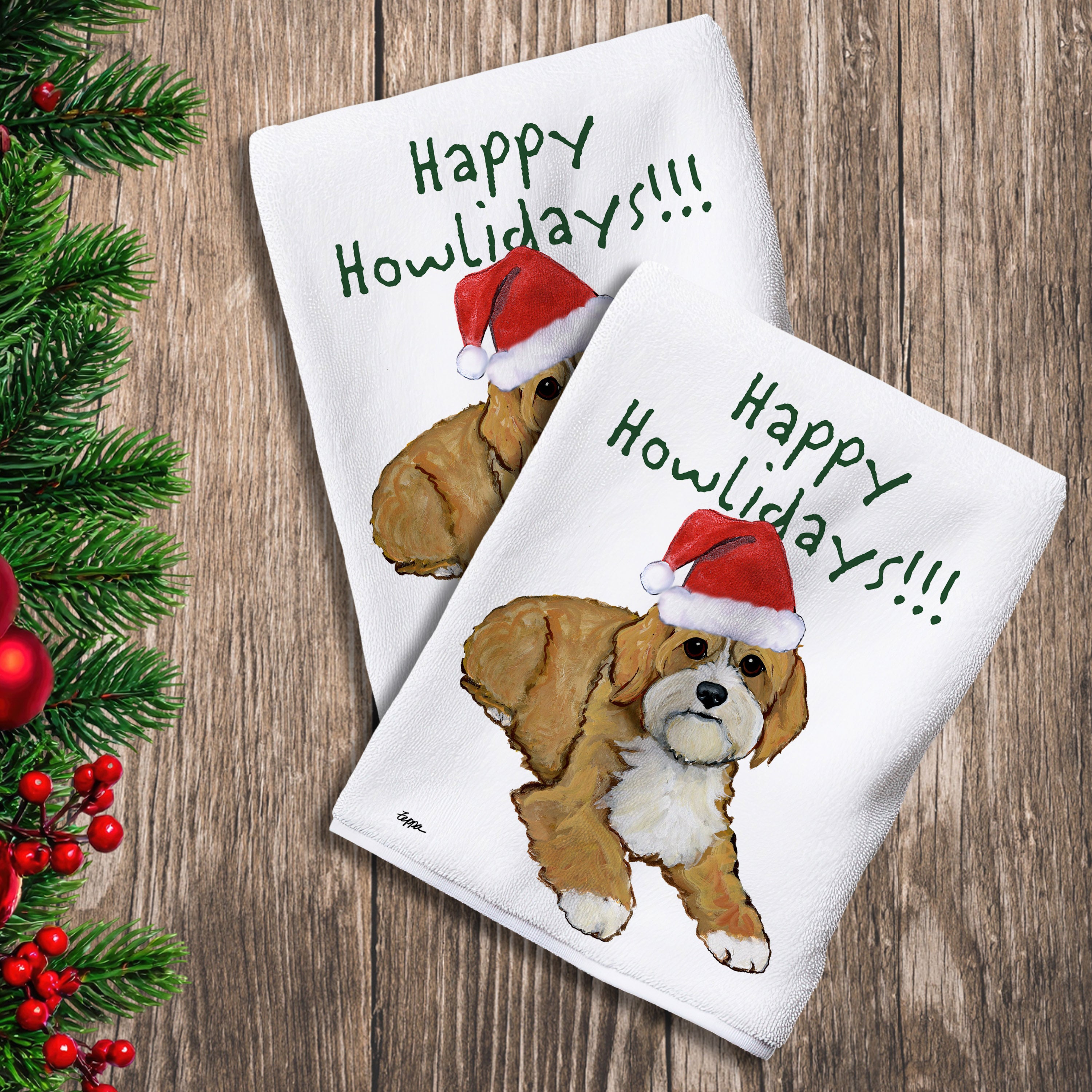 2 Kitchen Towels with a Cavapoo in a Santa Hat and Happy Howlidays text.
